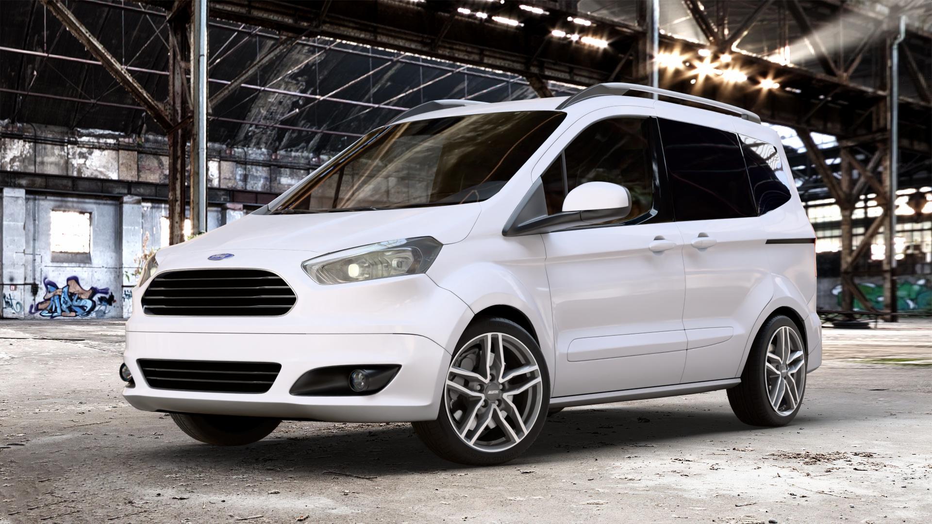 ALUTEC Ikenu graphit frontpoliert Felge mit Reifen grau silber mehrfarbig in 17Zoll Winterfelge Alufelge auf weissem Ford Tourneo Courier Typ JU2 (14->) N1P ⬇️ mit 15mm Tieferlegung ⬇️ Old Industrial Hall_max_4400mm_2024 Frontansicht_1