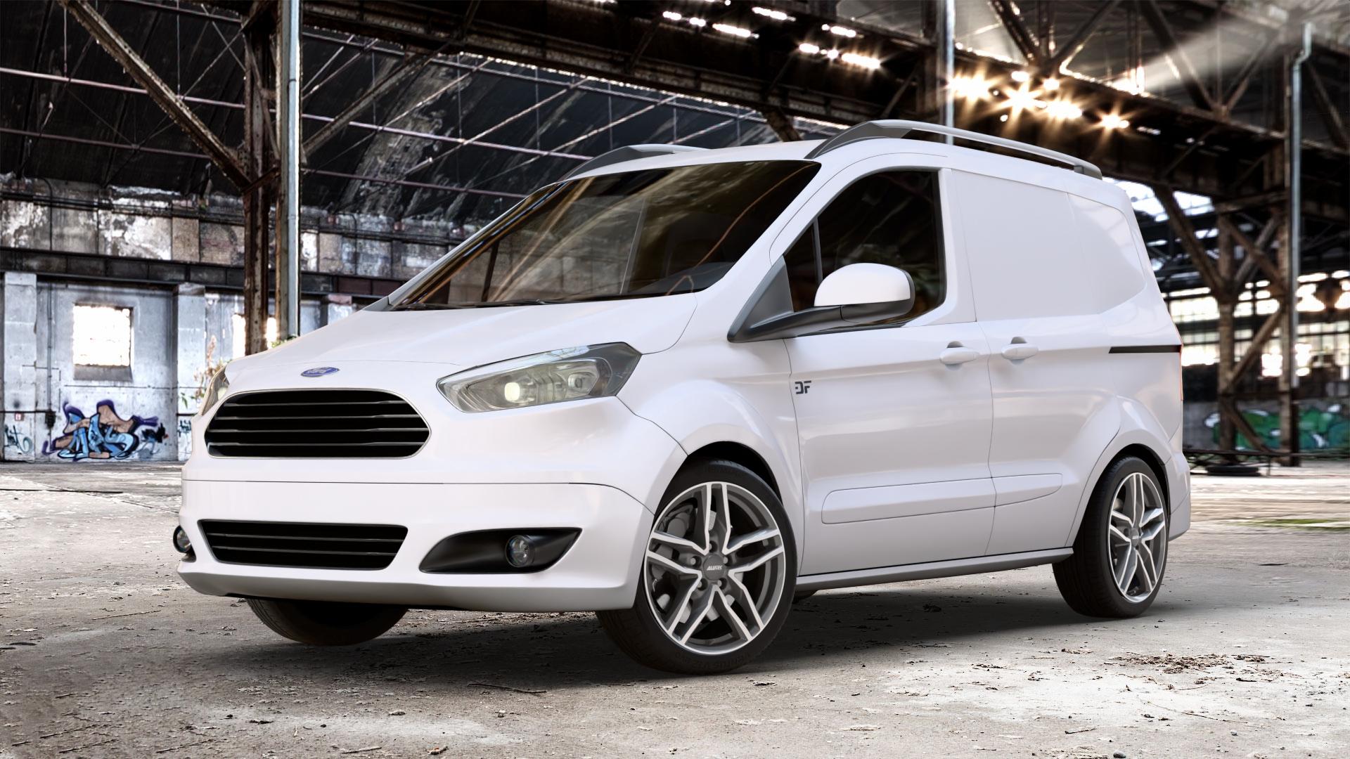 ALUTEC Ikenu graphit frontpoliert Felge mit Reifen grau silber mehrfarbig in 17Zoll Winterfelge Alufelge auf weissem Ford Transit Courier Typ JN8 (14->) JU2 ⬇️ mit 15mm Tieferlegung ⬇️ Old Industrial Hall_max_4400mm_2024 Frontansicht_1