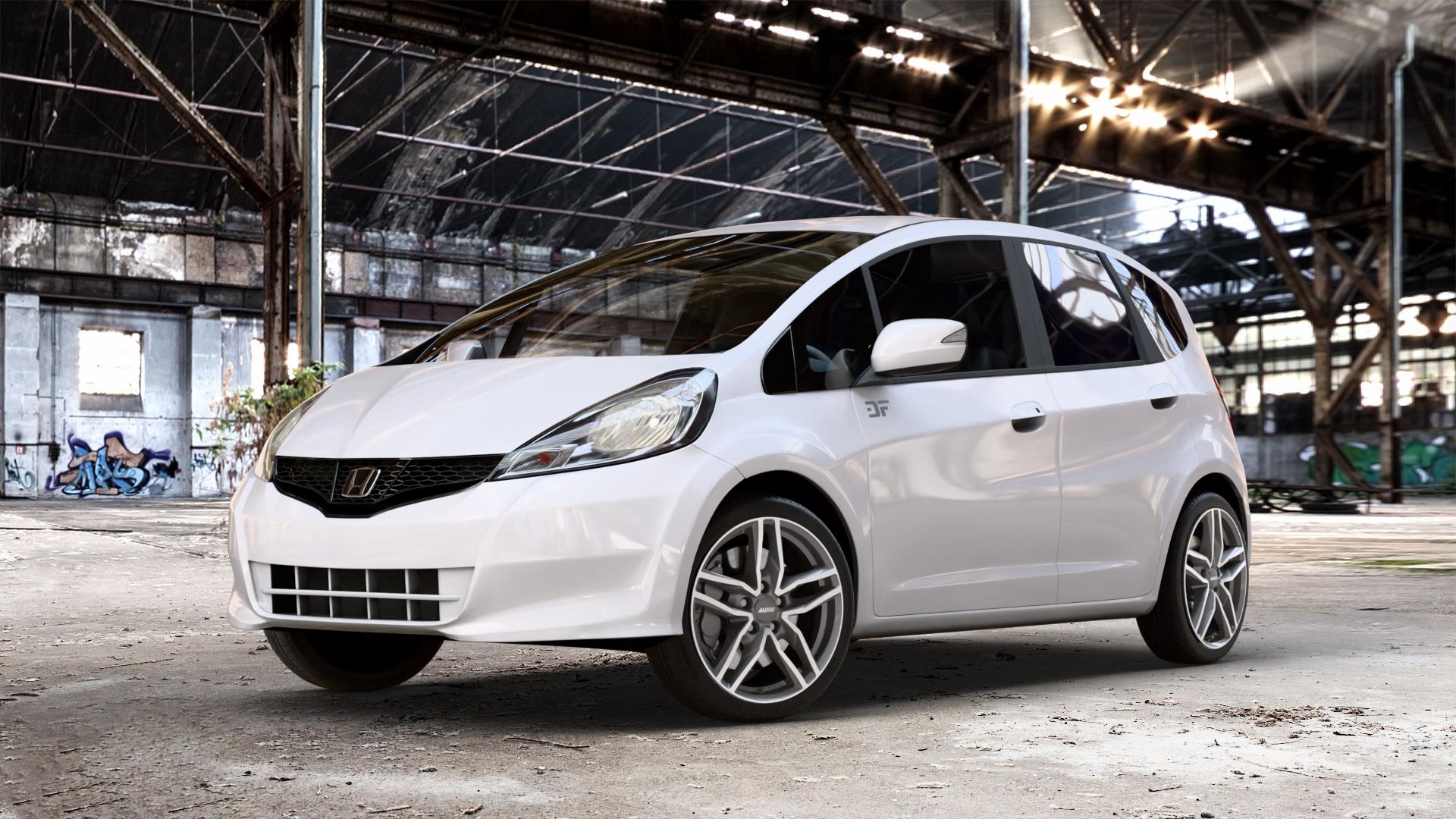 ALUTEC Ikenu graphit frontpoliert Felge mit Reifen grau silber mehrfarbig in 17Zoll Winterfelge Alufelge auf weissem Honda Jazz III Facelift (GG, GE) 1,4l i-VTEC 73kW GG6 (99 PS) GE6 GG3 1,2l 66kW GG1 (90 GG5 GG2 1,3l IMA Hybrid 65kW GP1 (88 ⬇️ mit 15mm Tieferlegung ⬇️ Old Industrial Hall_max_4400mm_2024 Frontansicht_1