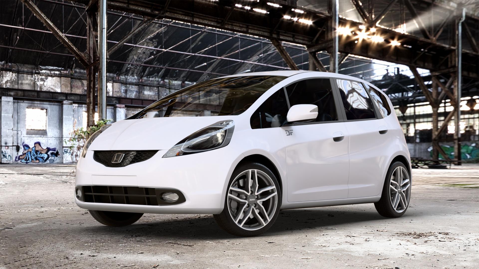 ALUTEC Ikenu graphit frontpoliert Felge mit Reifen grau silber mehrfarbig in 17Zoll Winterfelge Alufelge auf weissem Honda Jazz III (GG, GE) 1,2l i-VTEC 66kW GG5 (90 PS) 1,4l 73kW GG6 (99 GG3 GE6 GG1 GG2 IMA Hybrid 65kW GP1 (88 ⬇️ mit 15mm Tieferlegung ⬇️ Old Industrial Hall_max_4400mm_2024 Frontansicht_1
