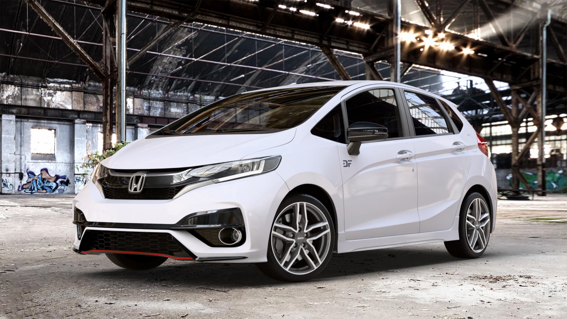 ALUTEC Ikenu graphit frontpoliert Felge mit Reifen grau silber mehrfarbig in 17Zoll Winterfelge Alufelge auf weissem Honda Jazz IV (GK) Facelift ⬇️ mit 15mm Tieferlegung ⬇️ Old Industrial Hall_max_4400mm_2024 Frontansicht_1