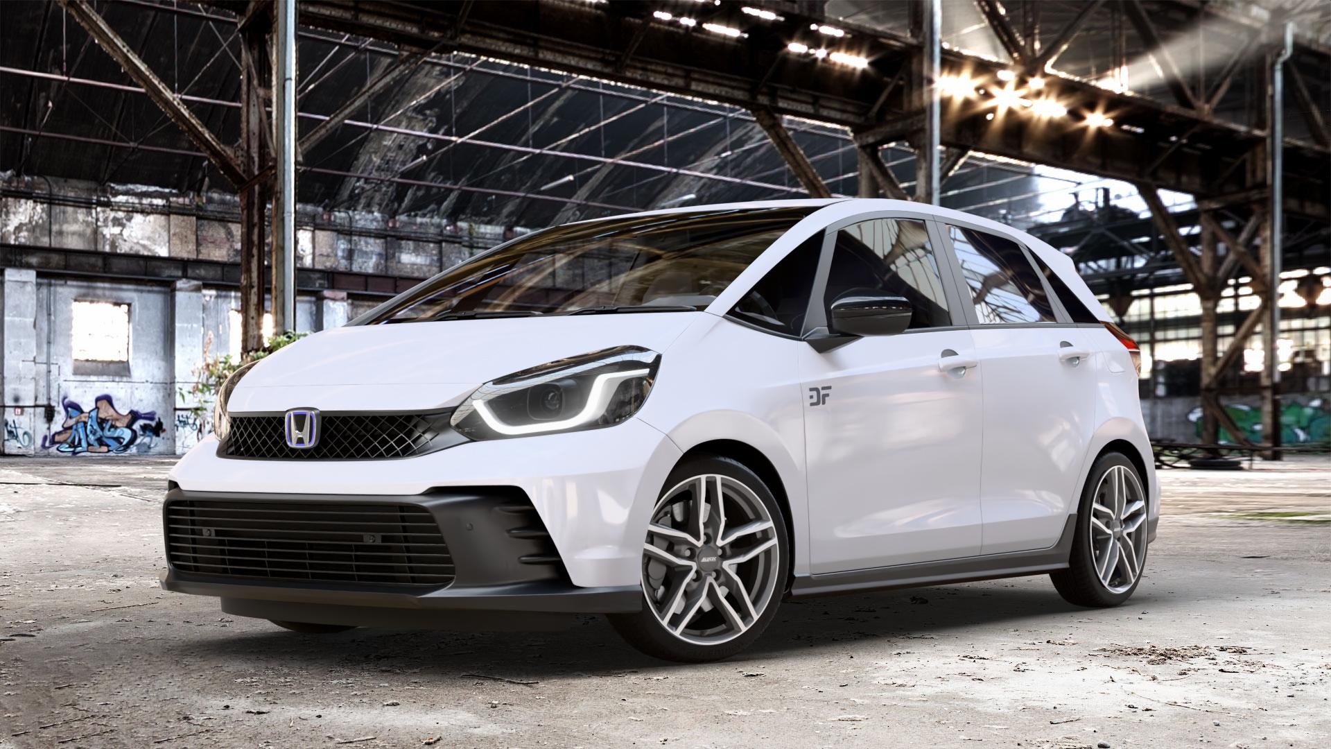 ALUTEC Ikenu graphit frontpoliert Felge mit Reifen grau silber mehrfarbig in 17Zoll Winterfelge Alufelge auf weissem Honda Jazz V (GR) Facelift 1,5l e:HEV 79kW Mild-Hybrid (107 PS) ⬇️ mit 15mm Tieferlegung ⬇️ Old Industrial Hall_max_4400mm_2024 Frontansicht_1