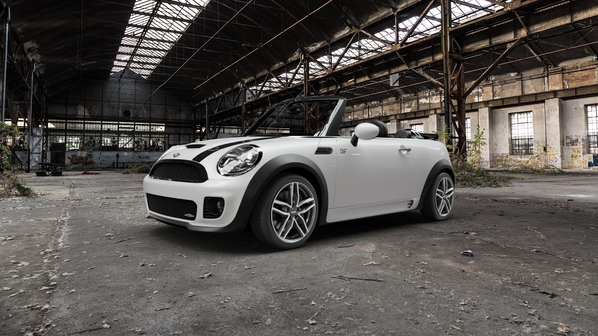 ALUTEC Ikenu graphit frontpoliert Felge mit Reifen grau silber mehrfarbig in 17Zoll Winterfelge Alufelge auf weissem Mini R57 Typ UKL-C (Cabriolet) 1,6l JCW 155kW (211 PS) MINI-N ⬇️ mit 15mm Tieferlegung ⬇️ Old Industrial Hall_max5000mm_2022 Frontansicht_1