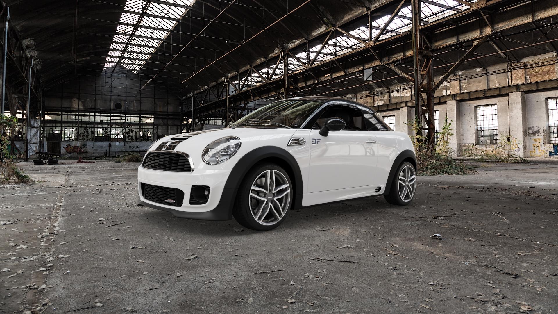ALUTEC Ikenu graphit frontpoliert Felge mit Reifen grau silber mehrfarbig in 17Zoll Winterfelge Alufelge auf weissem Mini R58 Typ UKL-C (Coupe) 1,6l Cooper 90kW (122 PS) S 135kW (184 2,0l SD 105kW (143 JCW 155kW (211 ⬇️ mit 15mm Tieferlegung ⬇️ Old Industrial Hall_max5000mm_2022 Frontansicht_1