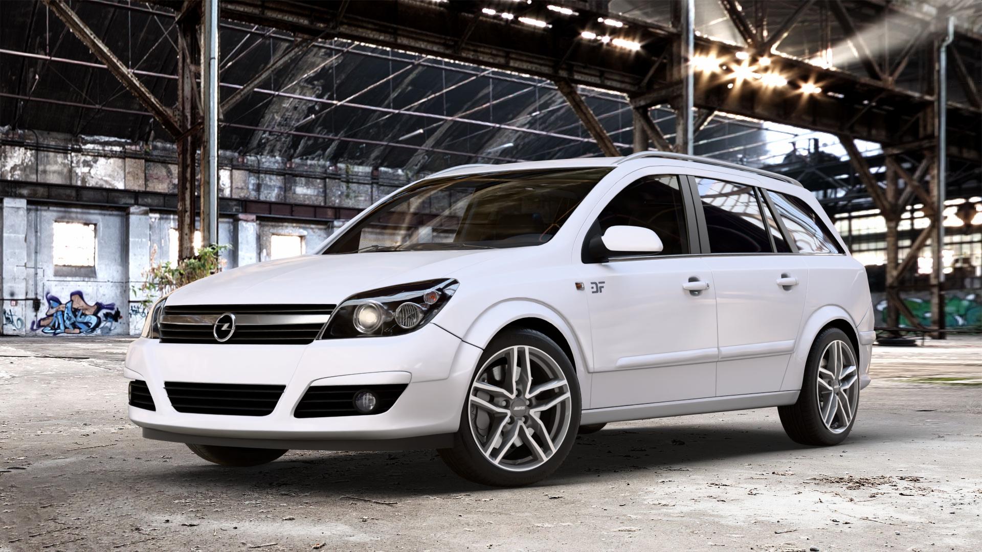 ALUTEC Ikenu graphit frontpoliert Felge mit Reifen grau silber mehrfarbig in 17Zoll Winterfelge Alufelge auf weissem Opel Astra H Typ A-H Caravan A-H/SW ⬇️ mit 15mm Tieferlegung ⬇️ Old Industrial Hall_max_4400mm_2024 Frontansicht_1