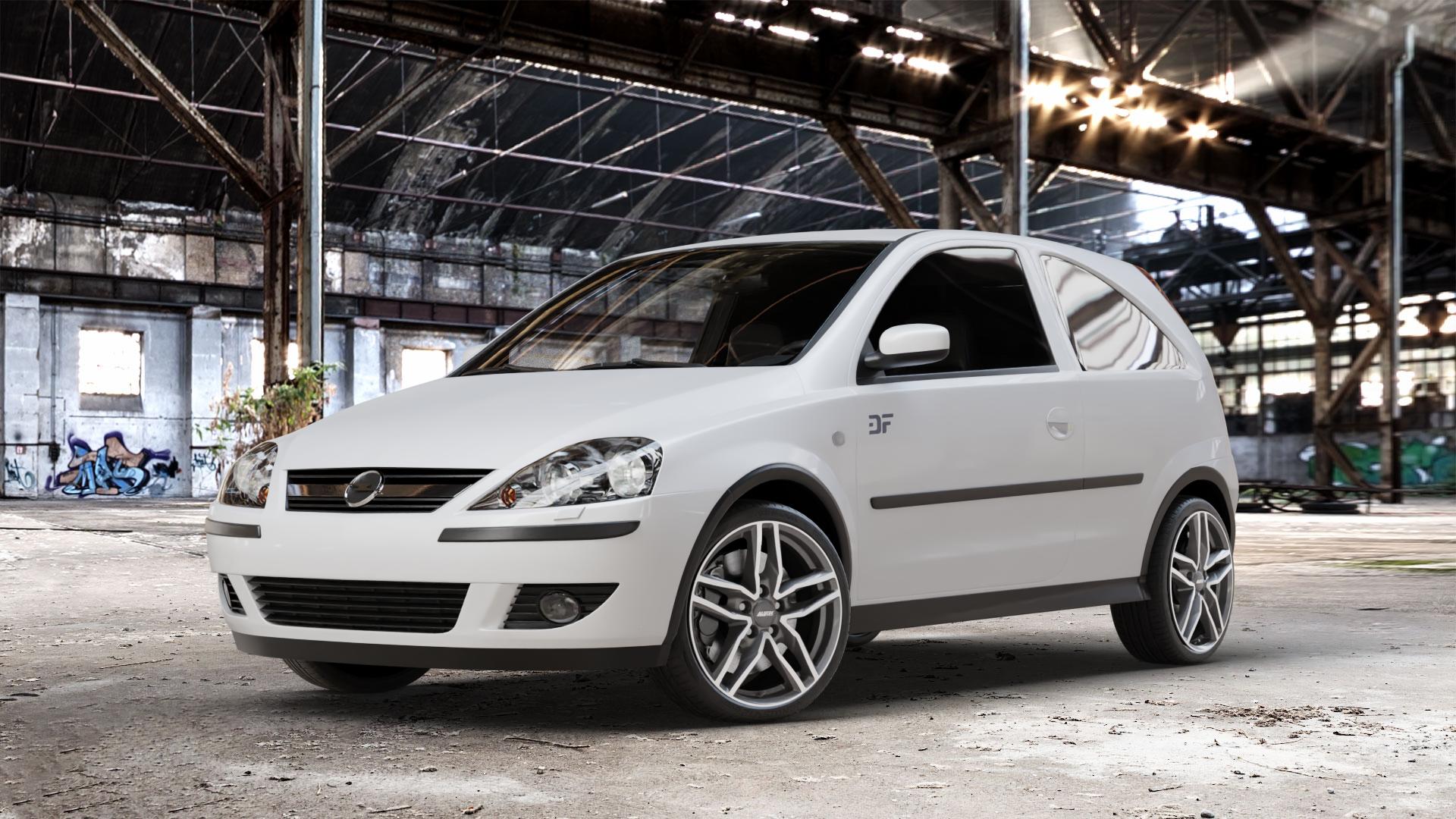 ALUTEC Ikenu graphit frontpoliert Felge mit Reifen grau silber mehrfarbig in 17Zoll Winterfelge Alufelge auf weissem Opel Corsa C Typ CORSA-C ⬇️ mit 15mm Tieferlegung ⬇️ Old Industrial Hall_max_4400mm_2024 Frontansicht_1