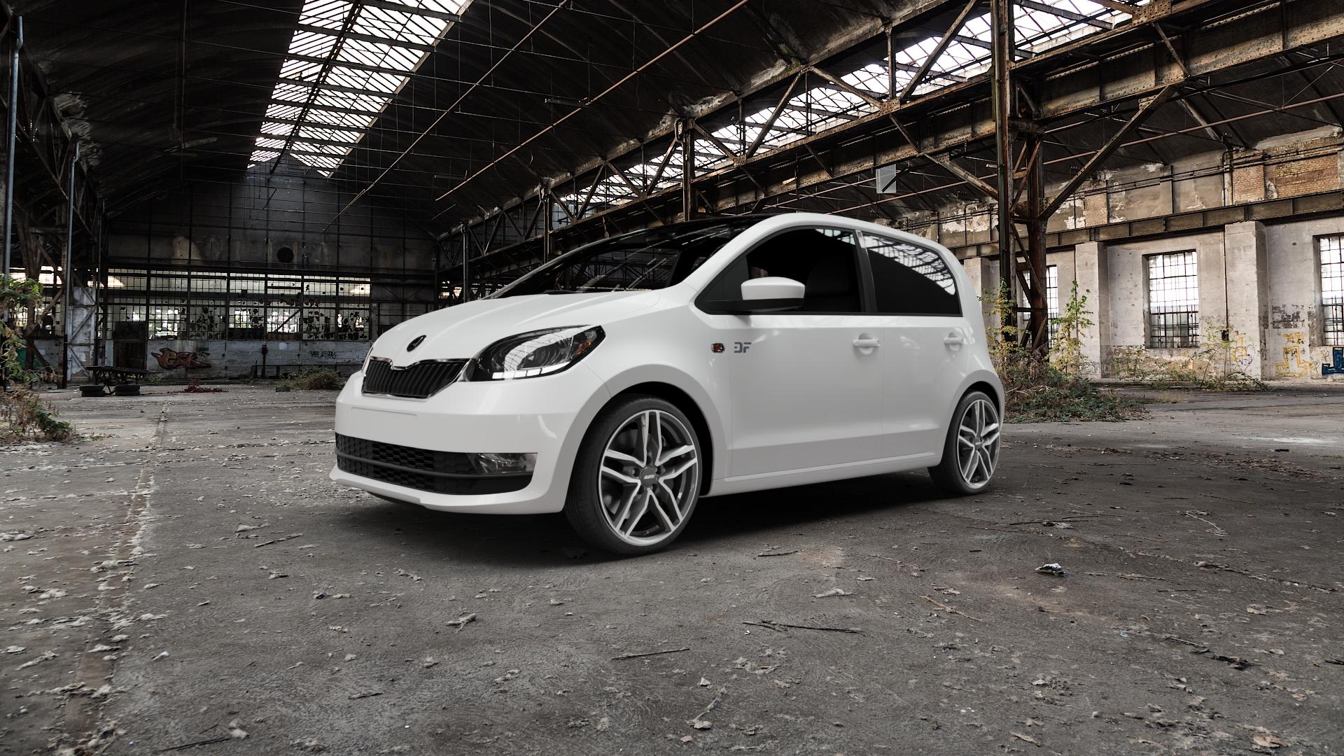 ALUTEC Ikenu graphit frontpoliert Felge mit Reifen grau silber mehrfarbig in 17Zoll Winterfelge Alufelge auf weissem Skoda Citigo Typ AA Facelift ⬇️ mit 15mm Tieferlegung ⬇️ Old Industrial Hall_max5000mm_2022 Frontansicht_1