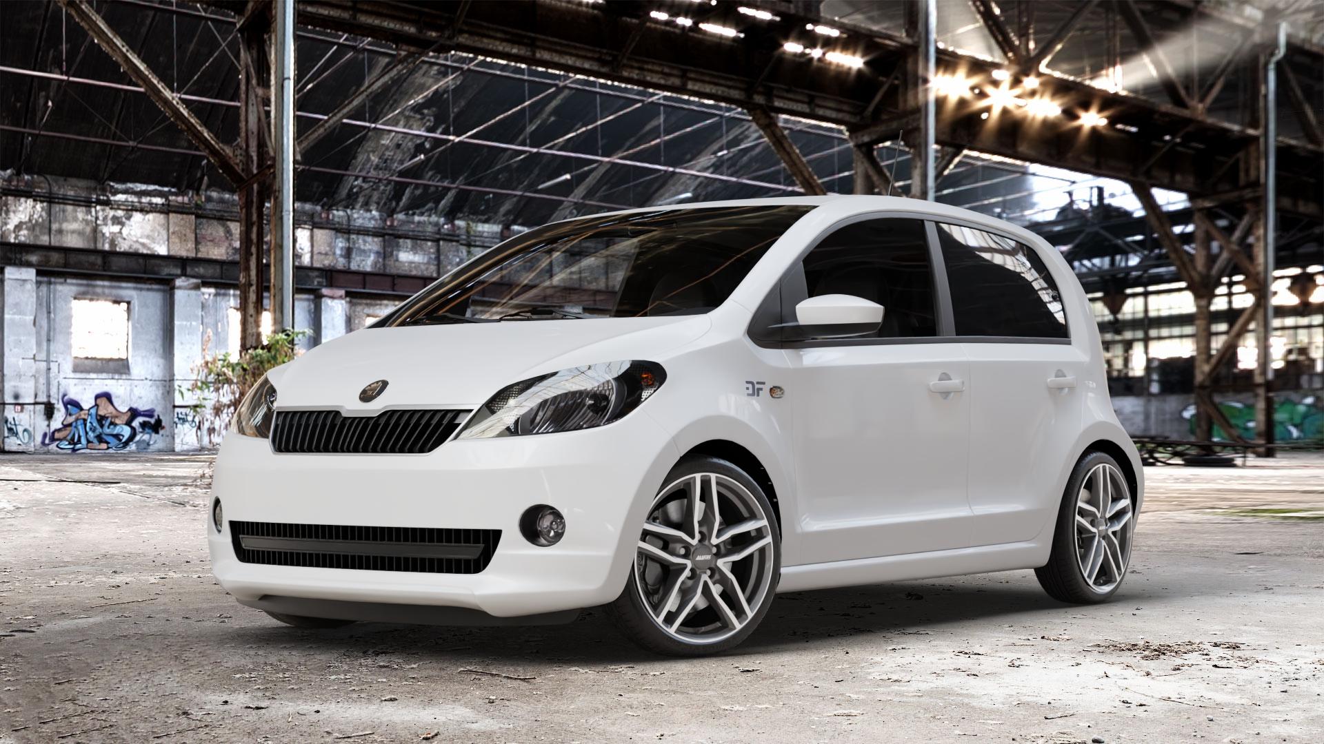 ALUTEC Ikenu graphit frontpoliert Felge mit Reifen grau silber mehrfarbig in 17Zoll Winterfelge Alufelge auf weissem Skoda Citigo Typ AA ⬇️ mit 15mm Tieferlegung ⬇️ Old Industrial Hall_max_4400mm_2024 Frontansicht_1