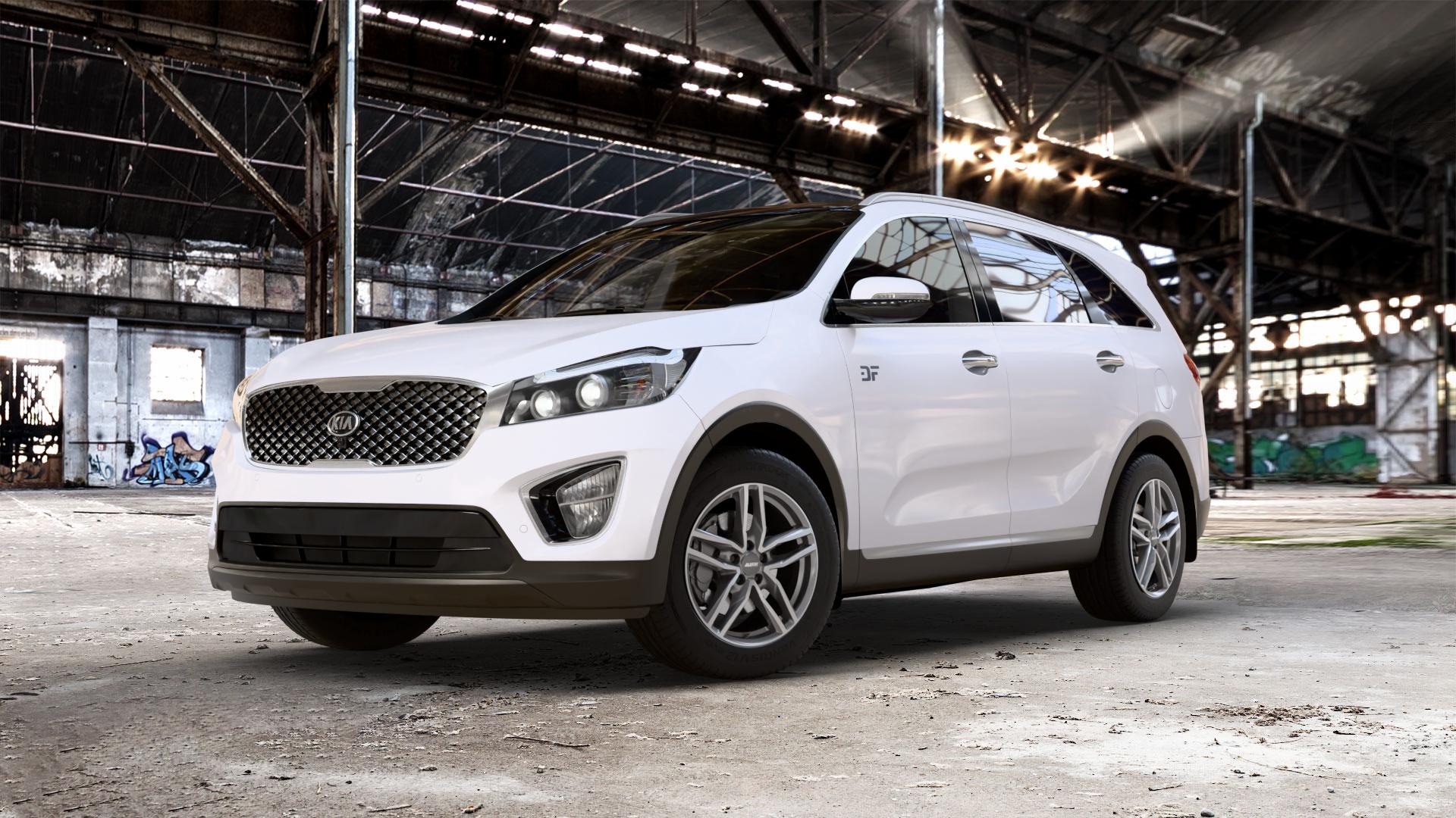 ALUTEC Ikenu graphit frontpoliert Felge mit Reifen grau silber mehrfarbig in 18Zoll Winterfelge Alufelge auf weissem Kia Sorento III Typ UM ⬇️ mit 15mm Tieferlegung ⬇️ Old Industrial Hall_max_5300mm_2024 Frontansicht_1