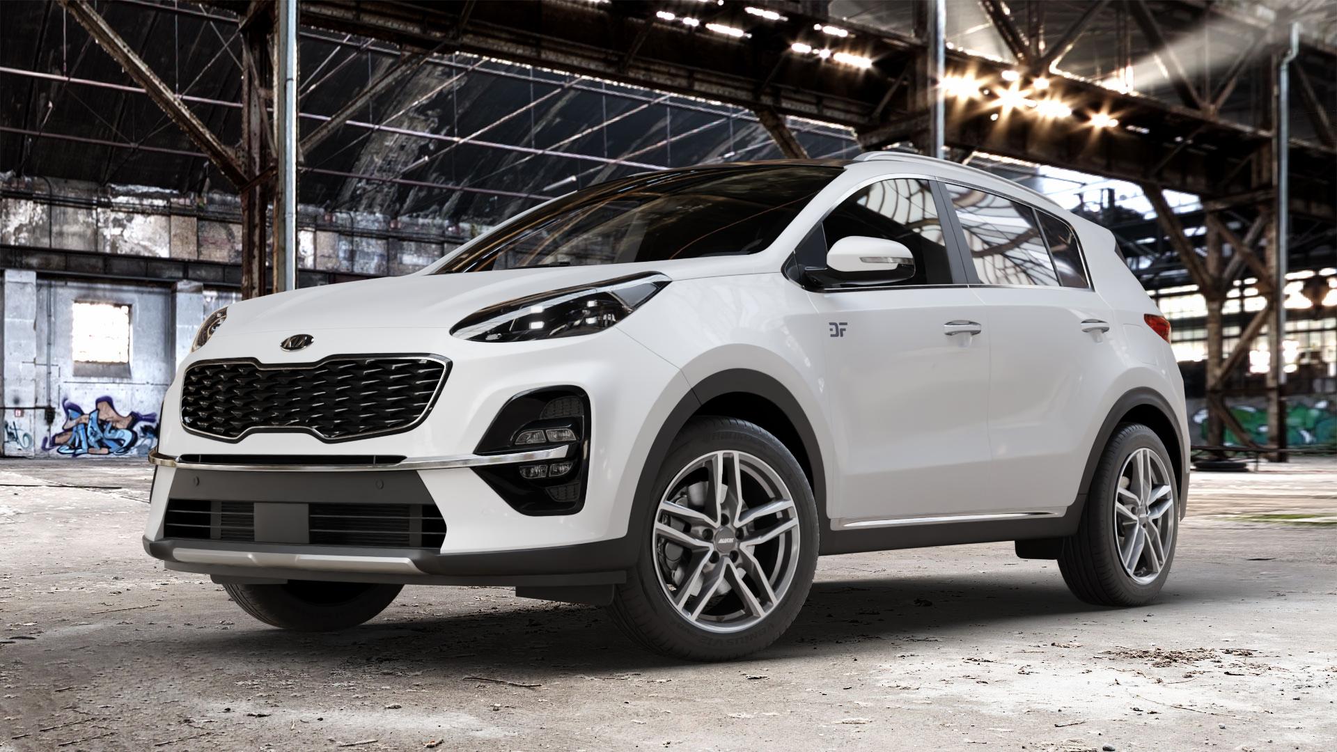 ALUTEC Ikenu graphit frontpoliert Felge mit Reifen grau silber mehrfarbig in 18Zoll Winterfelge Alufelge auf weissem Kia Sportage IV Typ QLE Facelift QL ⬇️ mit 15mm Tieferlegung ⬇️ Old Industrial Hall_max_4400mm_2024 Frontansicht_1