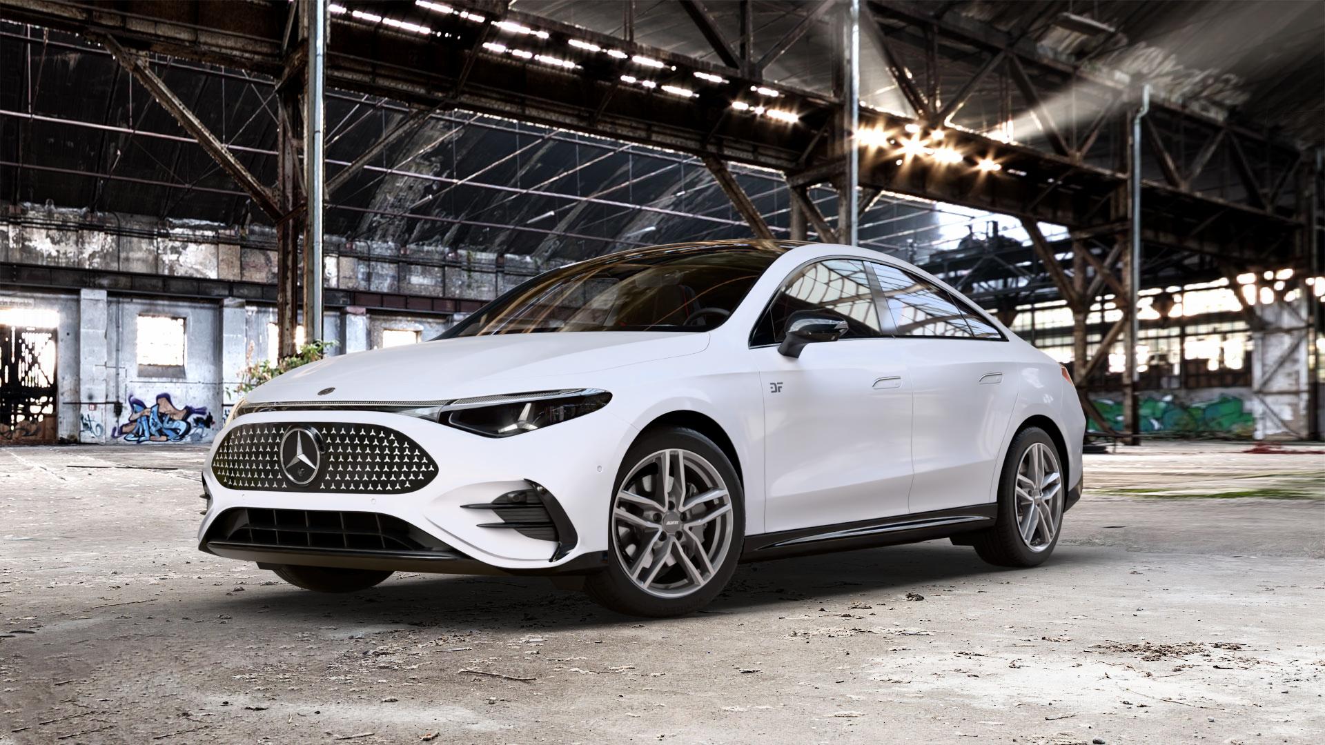 ALUTEC Ikenu graphit frontpoliert Felge mit Reifen grau silber mehrfarbig in 18Zoll Winterfelge Alufelge auf weissem Mercedes CLA EQ Typ C174 (MMCLAE) 0,0l 250+ 145kW (197 PS) 350 4Matic 200kW (272 ⬇️ mit 15mm Tieferlegung ⬇️ Old Industrial Hall_max_5300mm_2024 Frontansicht_1