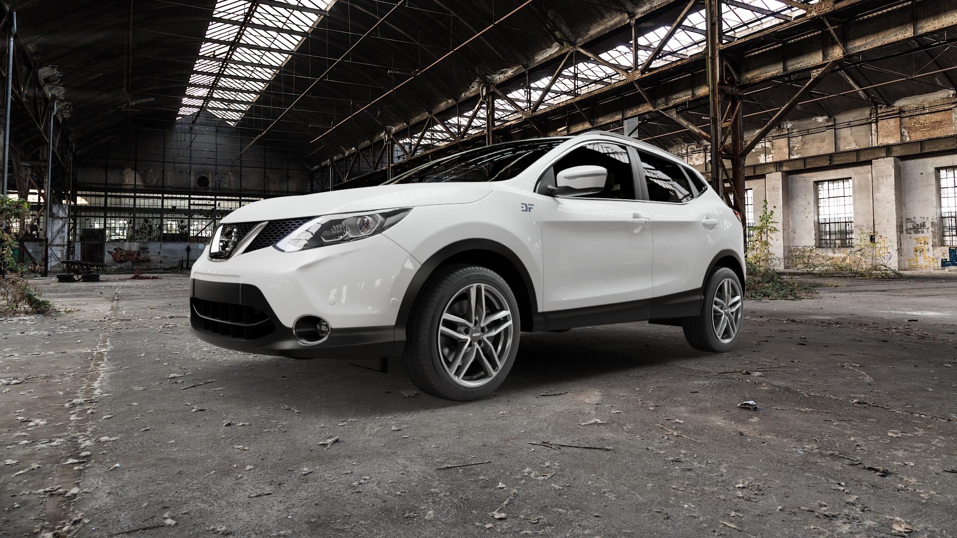ALUTEC Ikenu graphit frontpoliert Felge mit Reifen grau silber mehrfarbig in 18Zoll Winterfelge Alufelge auf weissem Nissan Qashqai Typ J11 Facelift ⬇️ mit 15mm Tieferlegung ⬇️ Old Industrial Hall_max5000mm_2022 Frontansicht_1