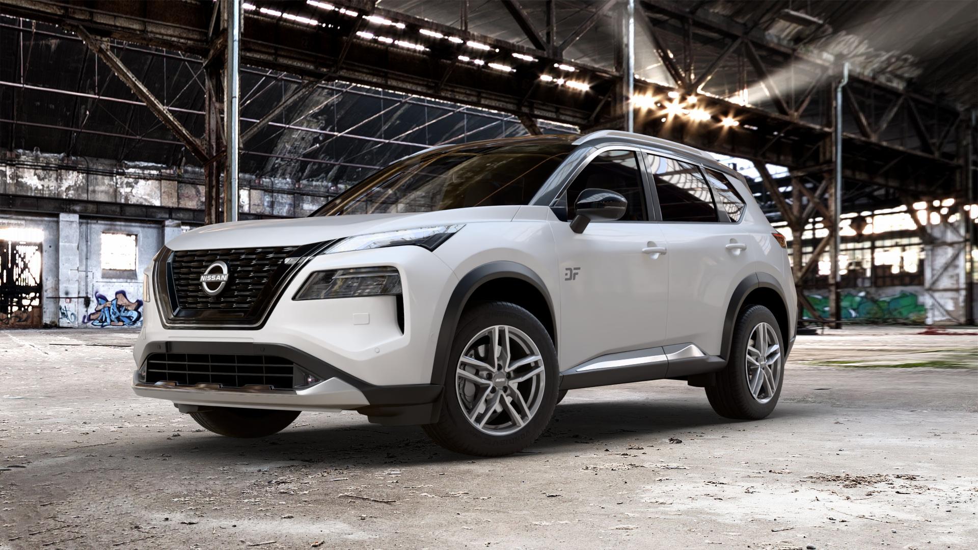 ALUTEC Ikenu graphit frontpoliert Felge mit Reifen grau silber mehrfarbig in 18Zoll Winterfelge Alufelge auf weissem Nissan X-Trail Typ T33 ⬇️ mit 15mm Tieferlegung ⬇️ Old Industrial Hall_max_5300mm_2024 Frontansicht_1