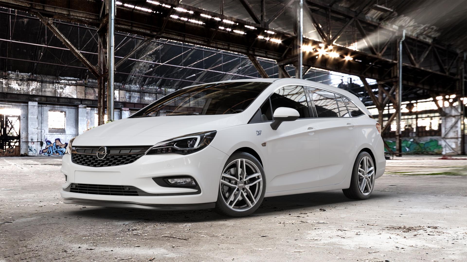 ALUTEC Ikenu graphit frontpoliert Felge mit Reifen grau silber mehrfarbig in 18Zoll Winterfelge Alufelge auf weissem Opel Astra K Sports Tourer Typ B-K ⬇️ mit 15mm Tieferlegung ⬇️ Old Industrial Hall_max_5300mm_2024 Frontansicht_1