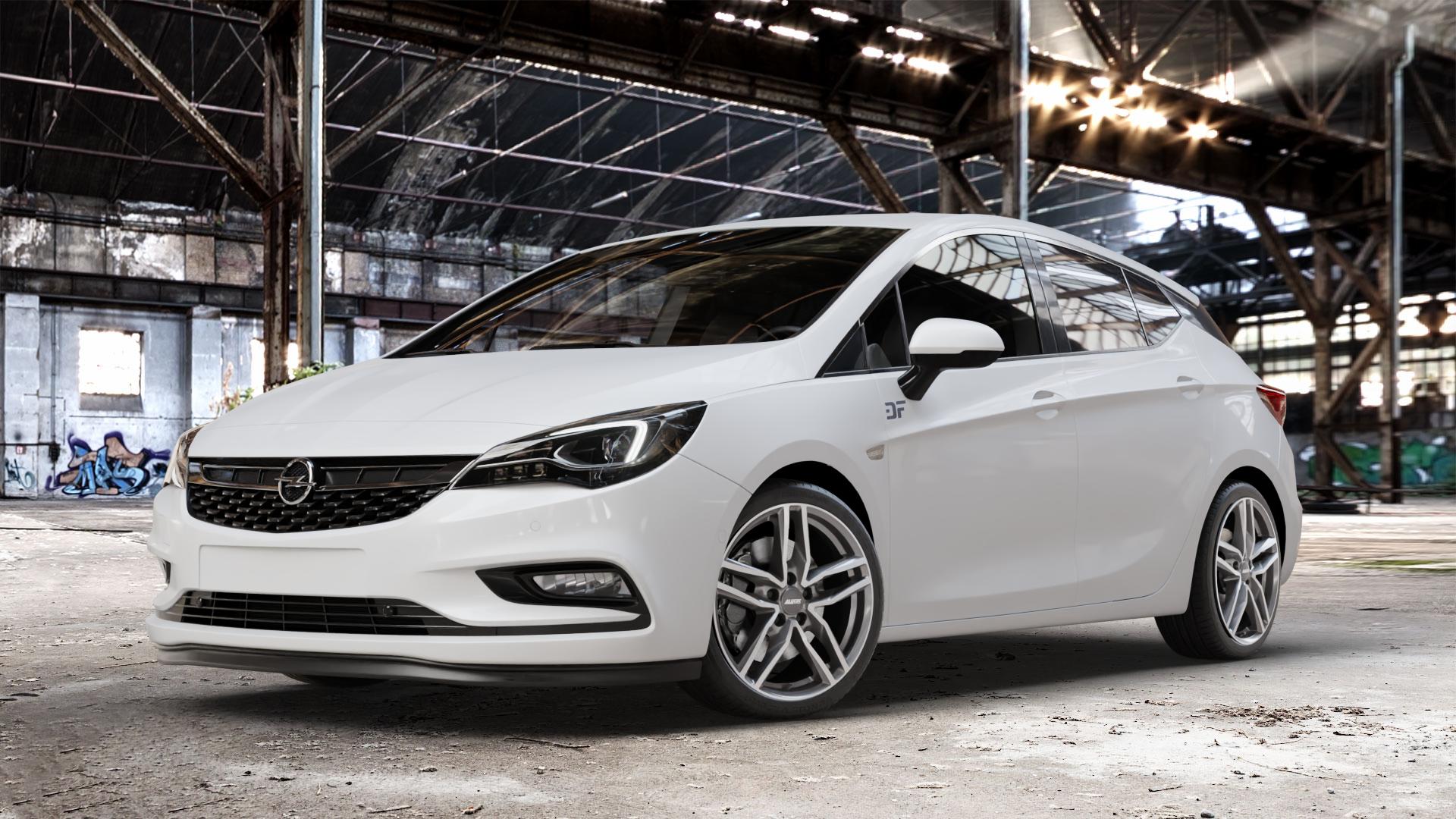 ALUTEC Ikenu graphit frontpoliert Felge mit Reifen grau silber mehrfarbig in 18Zoll Winterfelge Alufelge auf weissem Opel Astra K Typ B-K ⬇️ mit 15mm Tieferlegung ⬇️ Old Industrial Hall_max_4400mm_2024 Frontansicht_1