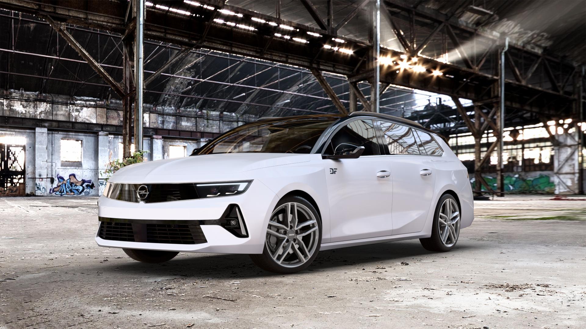 ALUTEC Ikenu graphit frontpoliert Felge mit Reifen grau silber mehrfarbig in 18Zoll Winterfelge Alufelge auf weissem Opel Astra L Sports Tourer Typ F Facelift ⬇️ mit 15mm Tieferlegung ⬇️ Old Industrial Hall_max_5300mm_2024 Frontansicht_1