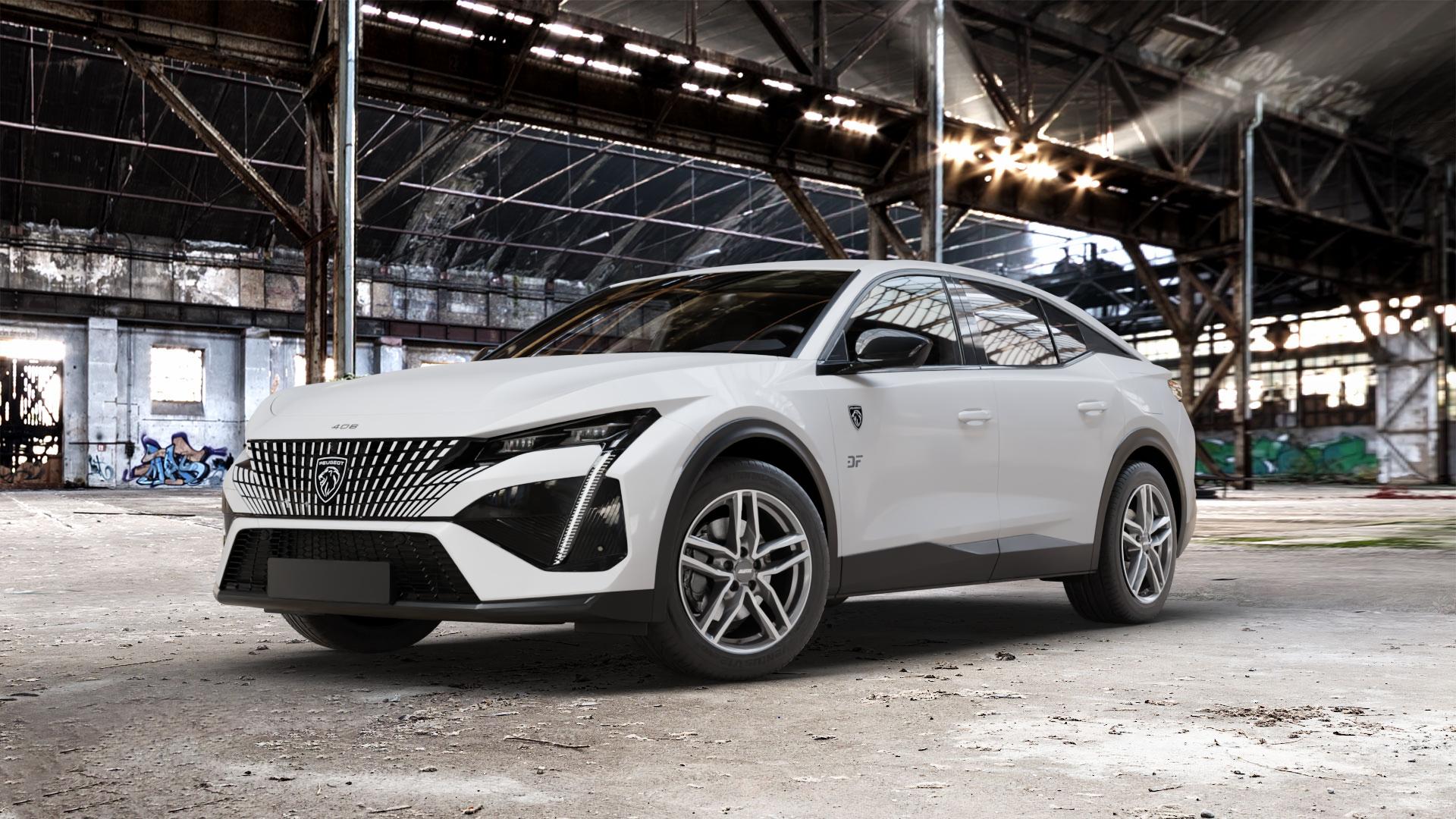 ALUTEC Ikenu graphit frontpoliert Felge mit Reifen grau silber mehrfarbig in 18Zoll Winterfelge Alufelge auf weissem Peugeot 408 Typ F ⬇️ mit 15mm Tieferlegung ⬇️ Old Industrial Hall_max_5300mm_2024 Frontansicht_1