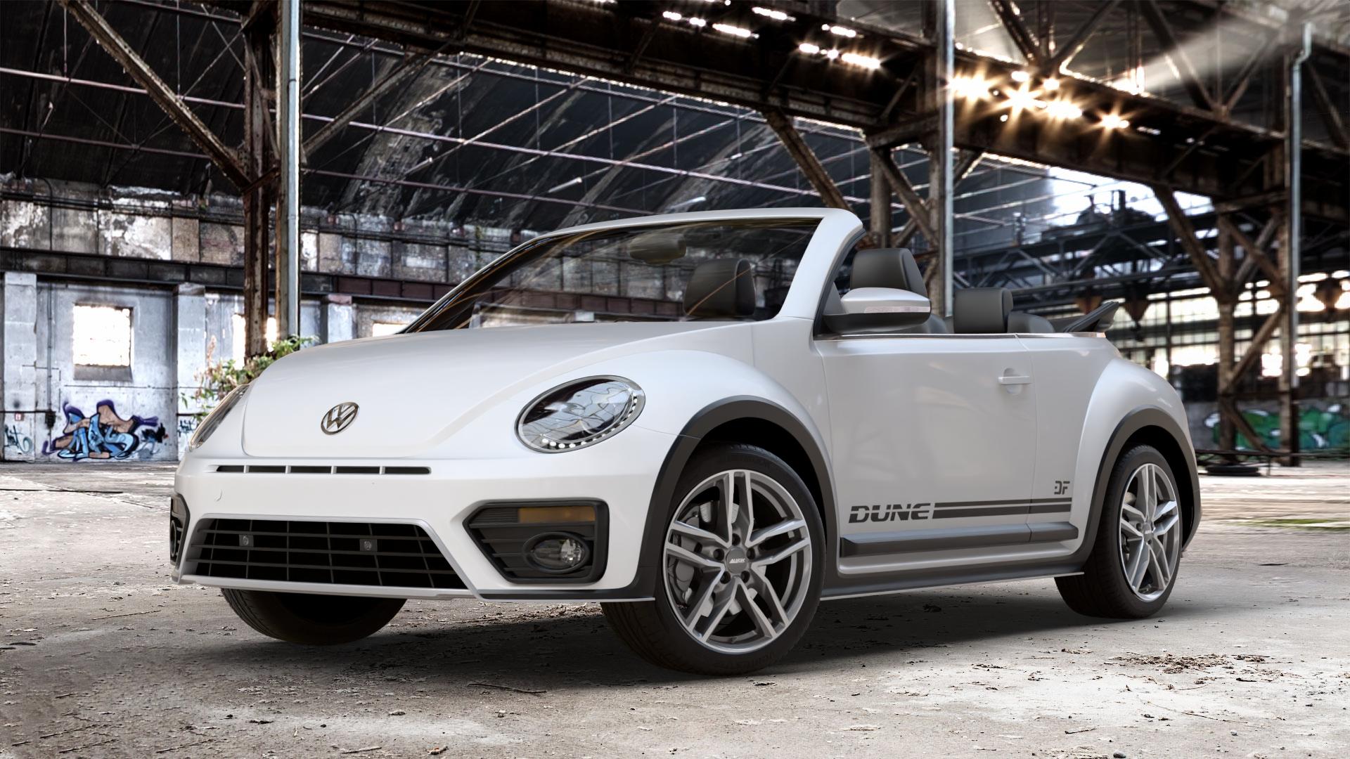 ALUTEC Ikenu graphit frontpoliert Felge mit Reifen grau silber mehrfarbig in 18Zoll Winterfelge Alufelge auf weissem Volkswagen (VW) Beetle Dune Cabriolet Typ 16 ⬇️ mit 15mm Tieferlegung ⬇️ Old Industrial Hall_max_4400mm_2024 Frontansicht_1