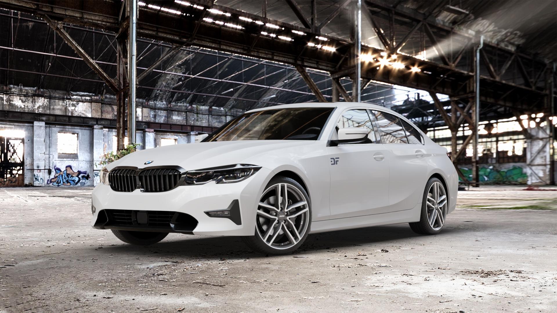 ALUTEC Ikenu graphit frontpoliert Felge mit Reifen grau silber mehrfarbig in 19Zoll Winterfelge Alufelge auf weissem BMW 3er G20 Limousine (G3L) ⬇️ mit 15mm Tieferlegung ⬇️ Old Industrial Hall_max_5300mm_2024 Frontansicht_1