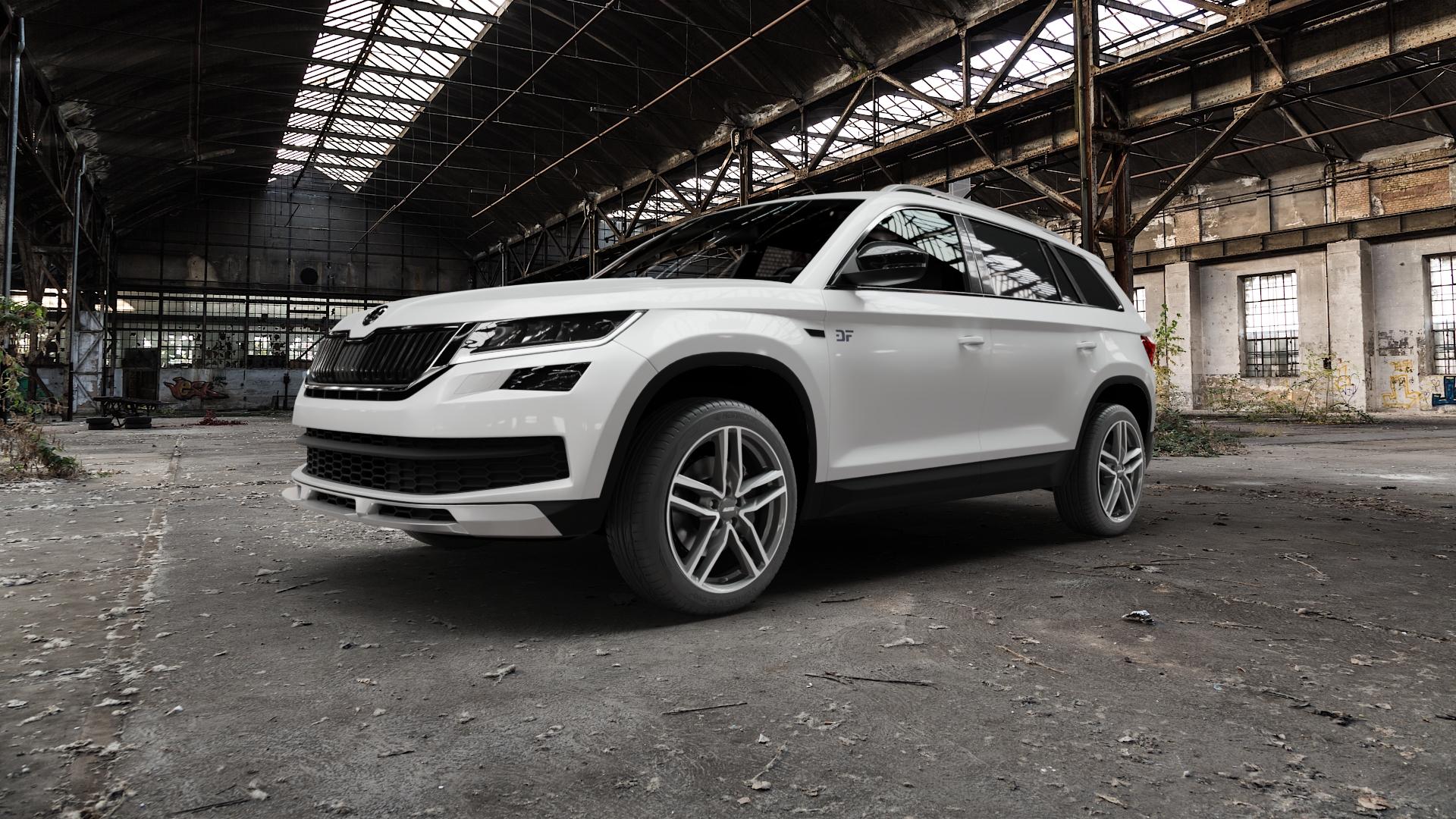 ALUTEC Ikenu graphit frontpoliert Felge mit Reifen grau silber mehrfarbig in 19Zoll Winterfelge Alufelge auf weissem Skoda Kodiaq Scout Typ NS ⬇️ mit 15mm Tieferlegung ⬇️ Old Industrial Hall_max5000mm_2022 Frontansicht_1