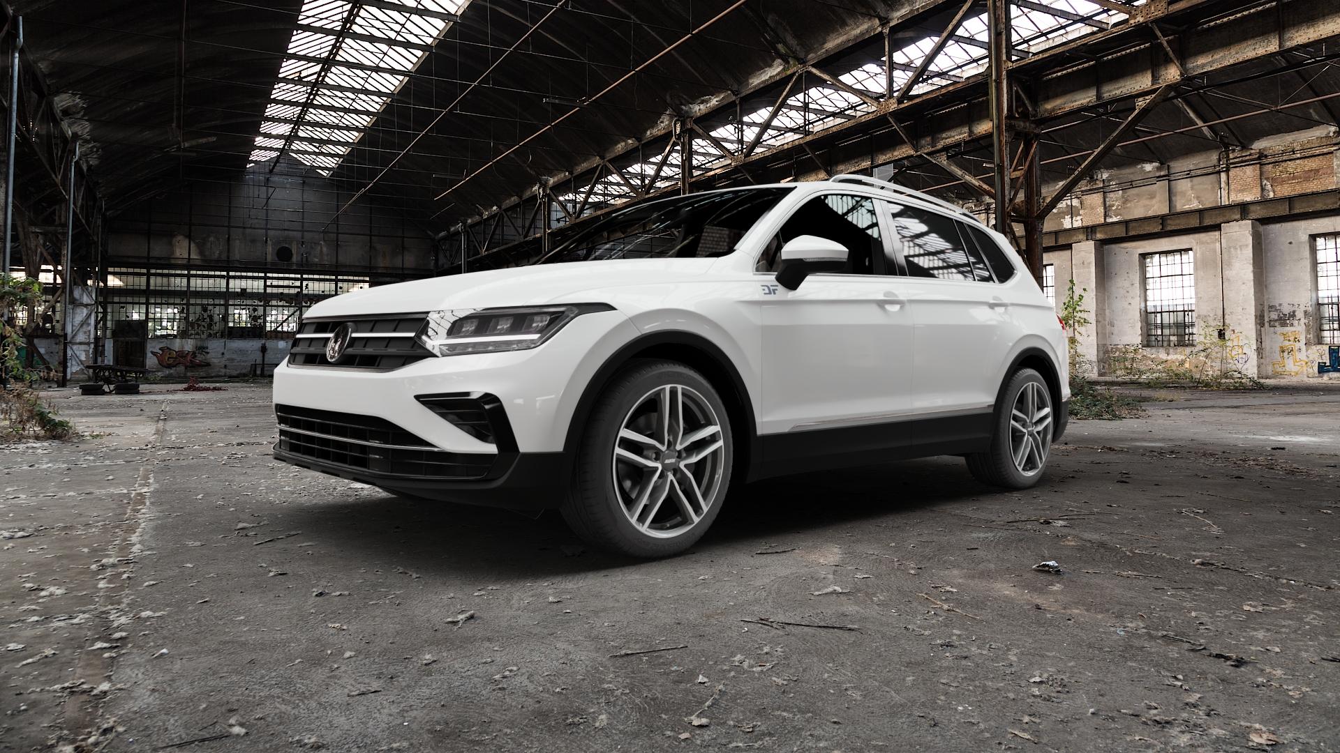 ALUTEC Ikenu graphit frontpoliert Felge mit Reifen grau silber mehrfarbig in 19Zoll Winterfelge Alufelge auf weissem Volkswagen (VW) Tiguan II Typ 5N Allspace Facelift ⬇️ mit 15mm Tieferlegung ⬇️ Old Industrial Hall_max5000mm_2022 Frontansicht_1
