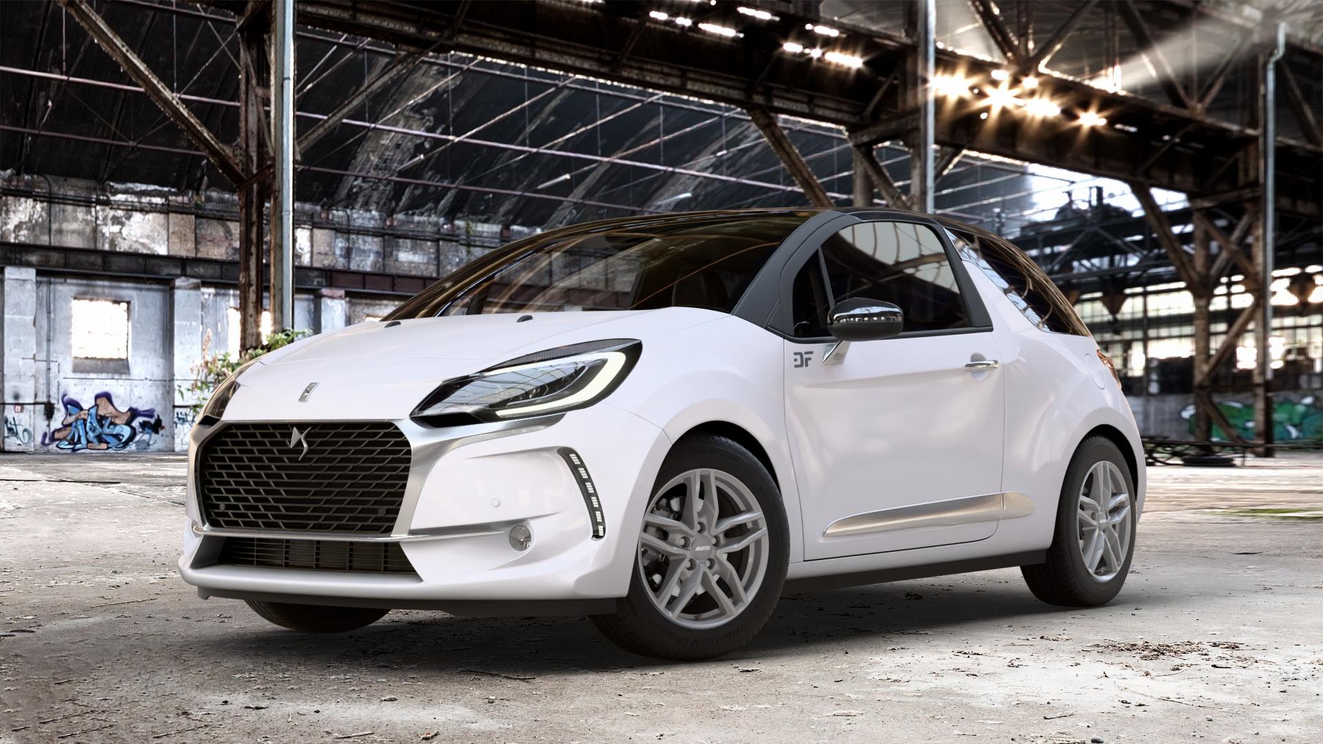 ALUTEC Ikenu metal-grey Felge mit Reifen grau in 16Zoll Winterfelge Alufelge auf weissem Citroen DS3 Facelift DS Automobiles Typ S ⬇️ mit 15mm Tieferlegung ⬇️ Old Industrial Hall_max_4400mm_2024 Frontansicht_1