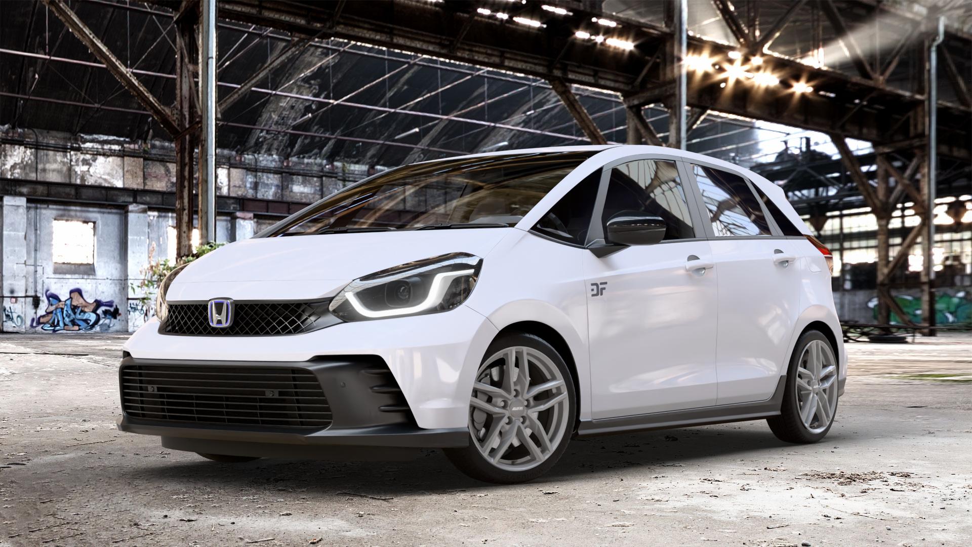 ALUTEC Ikenu metal-grey Felge mit Reifen grau in 17Zoll Winterfelge Alufelge auf weissem Honda Jazz V (GR) Facelift 1,5l e:HEV 79kW Mild-Hybrid (107 PS) ⬇️ mit 15mm Tieferlegung ⬇️ Old Industrial Hall_max_4400mm_2024 Frontansicht_1