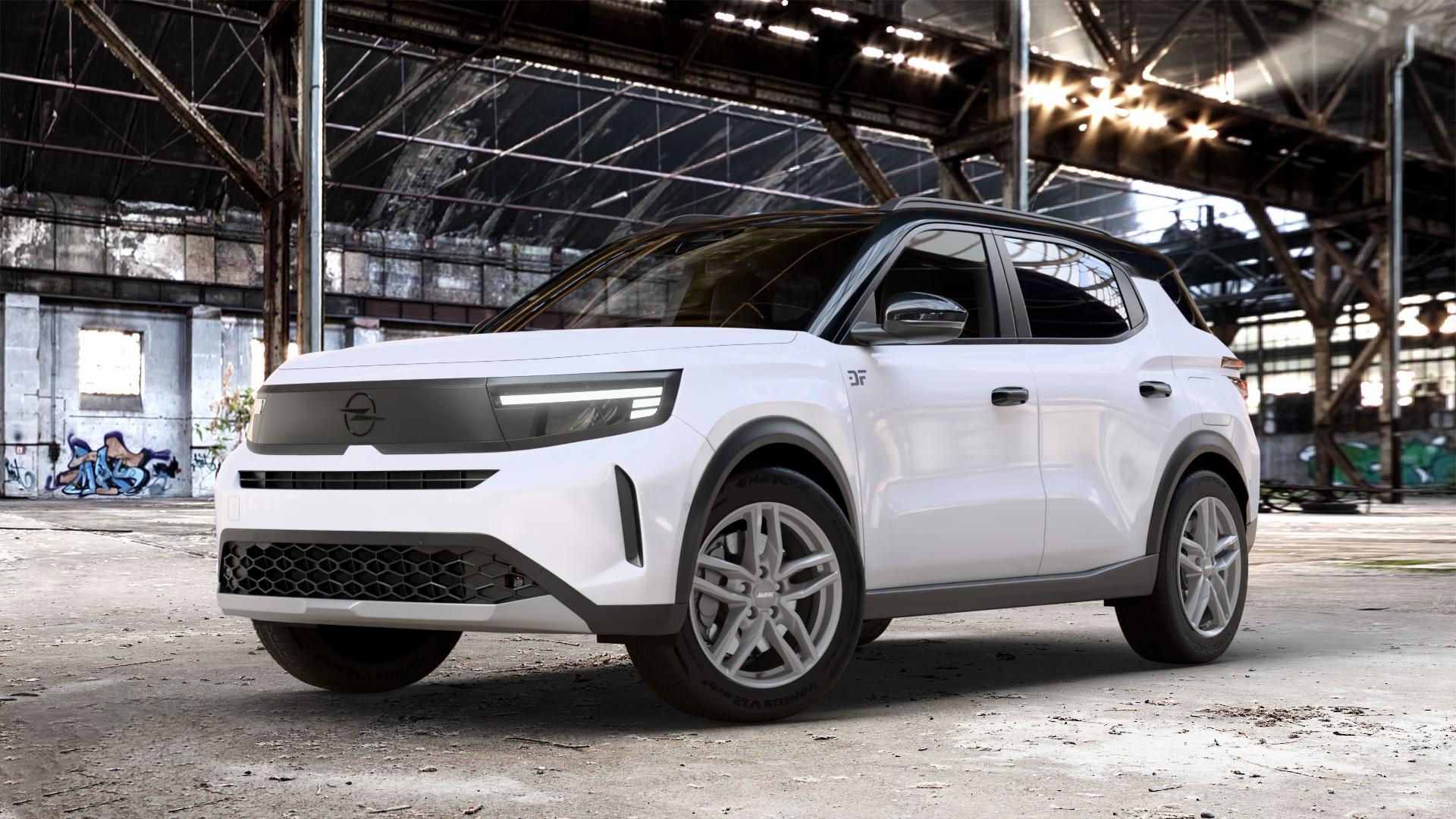 ALUTEC Ikenu metal-grey Felge mit Reifen grau in 17Zoll Winterfelge Alufelge auf weissem Opel Frontera C 1,2l 100kW Mild-Hybrid (136 PS) 74kW (101 0,0l 53kW Electric (72 ⬇️ mit 15mm Tieferlegung ⬇️ Old Industrial Hall_max_4400mm_2024 Frontansicht_1