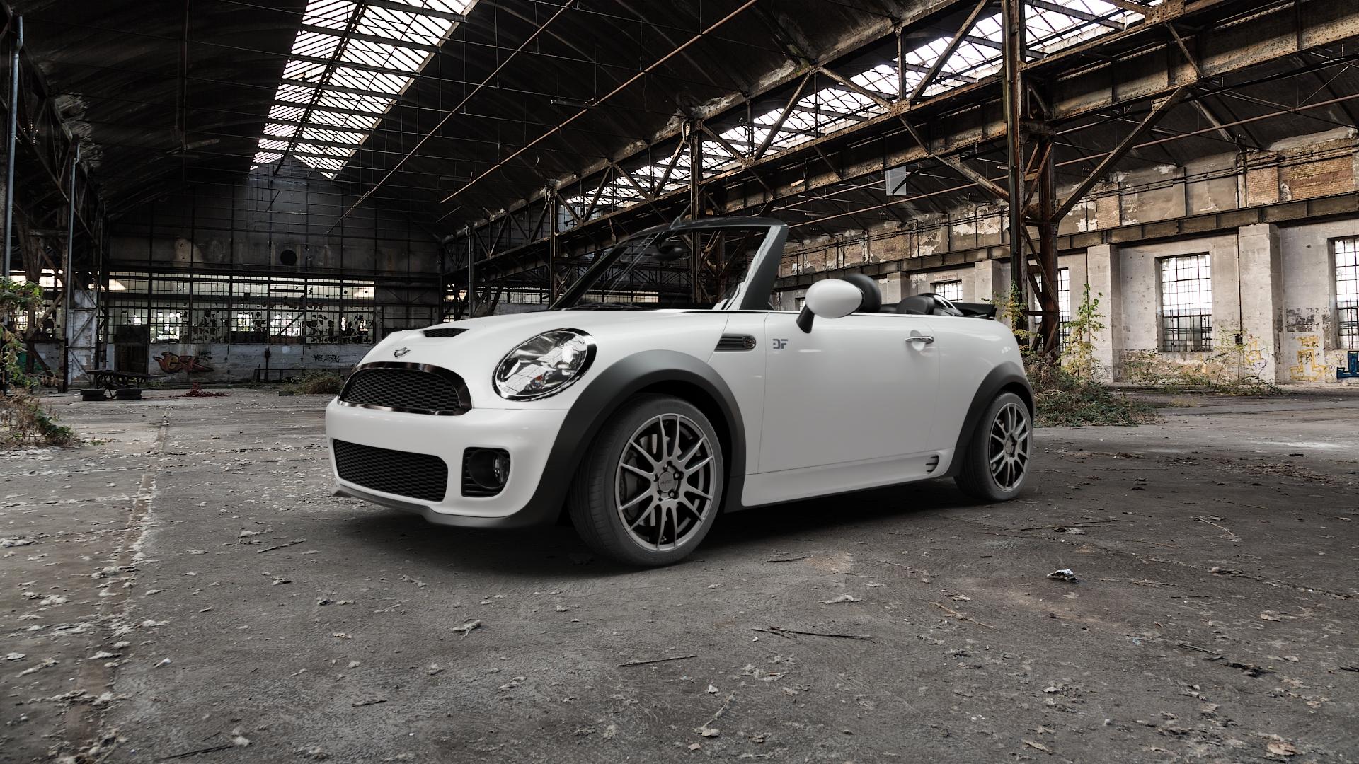 ALUTEC Monstr carbon-grey Felge mit Reifen grau in 17Zoll Winterfelge Alufelge auf weissem Mini R57 Typ UKL-C (Cabriolet) MINI-N ⬇️ mit 15mm Tieferlegung ⬇️ Old Industrial Hall_max5000mm_2022 Frontansicht_1