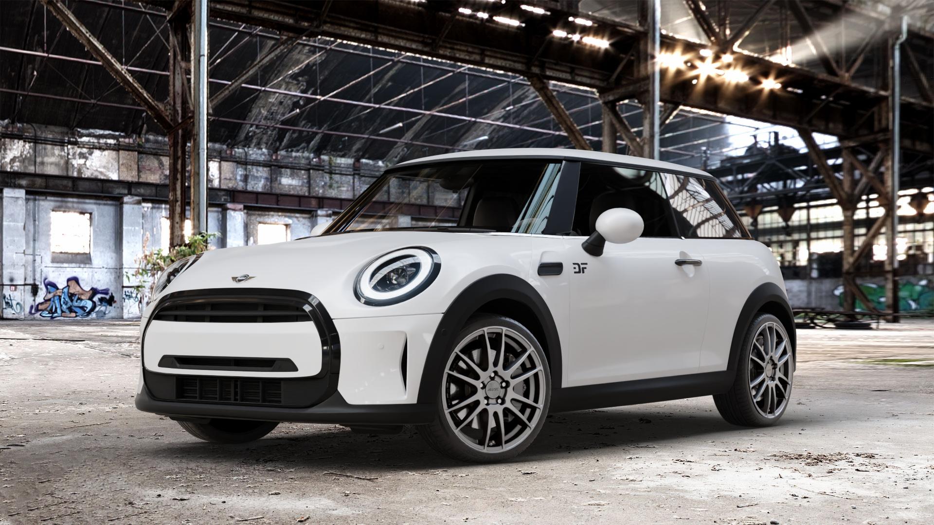 ALUTEC Monstr carbon-grey Felge mit Reifen grau in 18Zoll Winterfelge Alufelge auf weissem Mini F56 Typ FML2 (3-Türer Limousine) Facelift 21-> 1,5l One 55kW (75 PS) 75kW (102 ⬇️ mit 15mm Tieferlegung ⬇️ Old Industrial Hall_max_4400mm_2024 Frontansicht_1