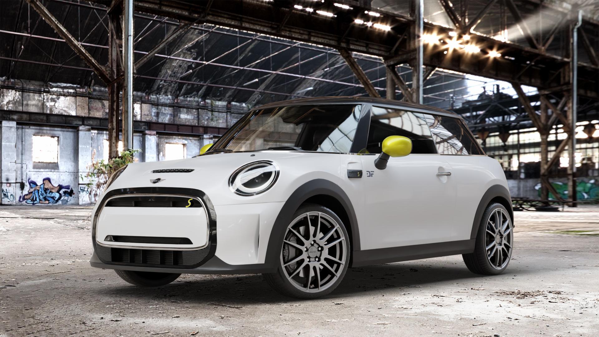 ALUTEC Monstr carbon-grey Felge mit Reifen grau in 18Zoll Winterfelge Alufelge auf weissem Mini F56 Typ FML2E (3-Türer Limousine) Facelift 21-> Limousine ⬇️ mit 15mm Tieferlegung ⬇️ Old Industrial Hall_max_4400mm_2024 Frontansicht_1