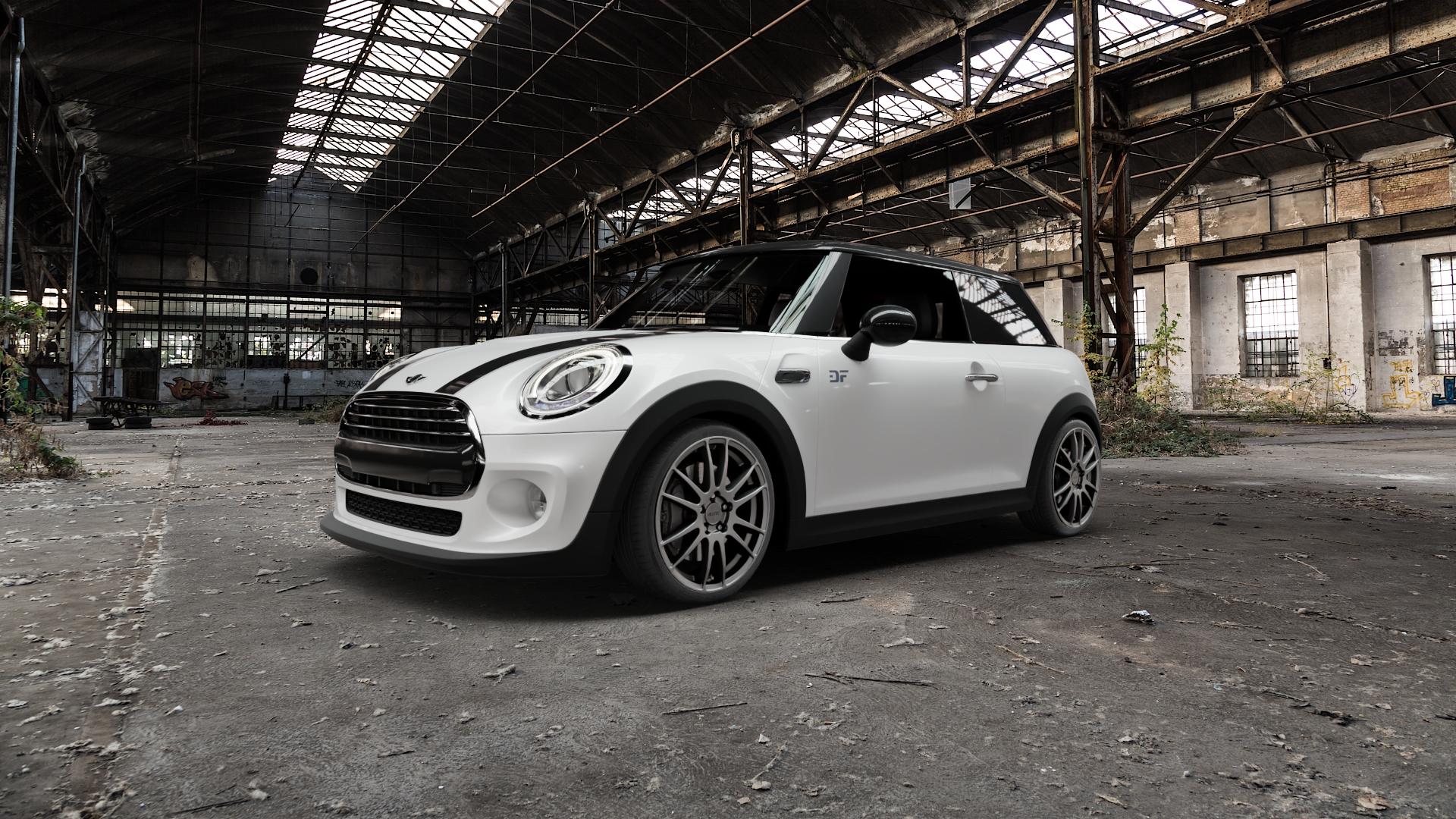 ALUTEC Monstr carbon-grey Felge mit Reifen grau in 18Zoll Winterfelge Alufelge auf weissem Mini F56 Typ UKL-L (3-Türer Limousine) ⬇️ mit 15mm Tieferlegung ⬇️ Old Industrial Hall_max5000mm_2022 Frontansicht_1