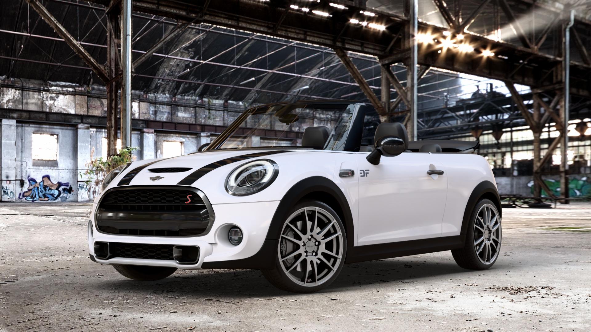 ALUTEC Monstr carbon-grey Felge mit Reifen grau in 18Zoll Winterfelge Alufelge auf weissem Mini F57 Typ UKL-L (Cabriolet) 2,0l Cooper S 141kW (192 PS) SD 125kW (170 JCW 170kW (231 FMCA 155kW (211 120kW (163 Facelift ⬇️ mit 15mm Tieferlegung ⬇️ Old Industrial Hall_max_4400mm_2024 Frontansicht_1