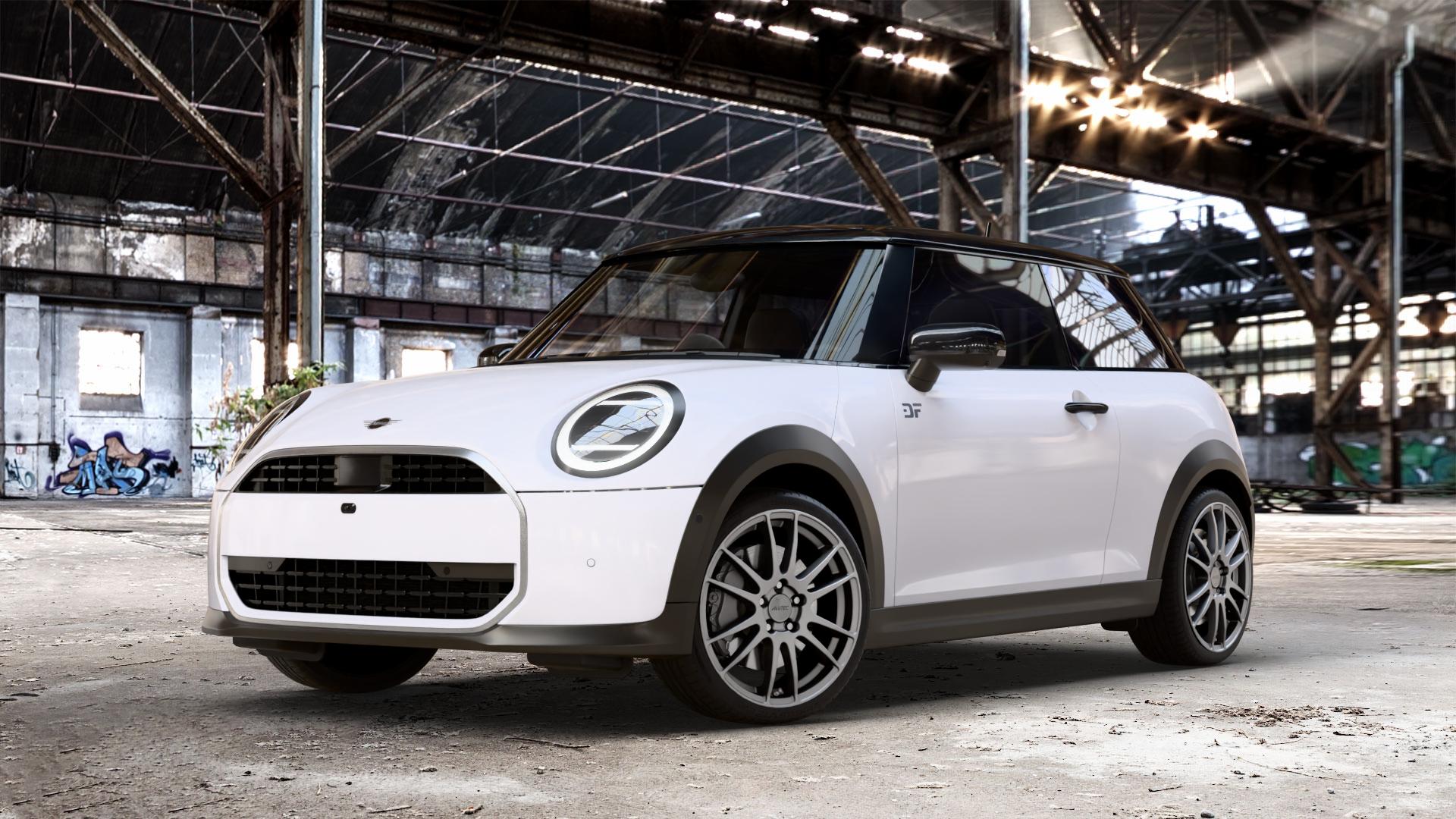 ALUTEC Monstr carbon-grey Felge mit Reifen grau in 18Zoll Winterfelge Alufelge auf weissem Mini F66 Typ FM6 (3-Türer Limousine) 1,5l Cooper C 100kW (136 PS) 115kW (156 2,0l S 150kW (204 JCW 170kW (231 ⬇️ mit 15mm Tieferlegung ⬇️ Old Industrial Hall_max_4400mm_2024 Frontansicht_1