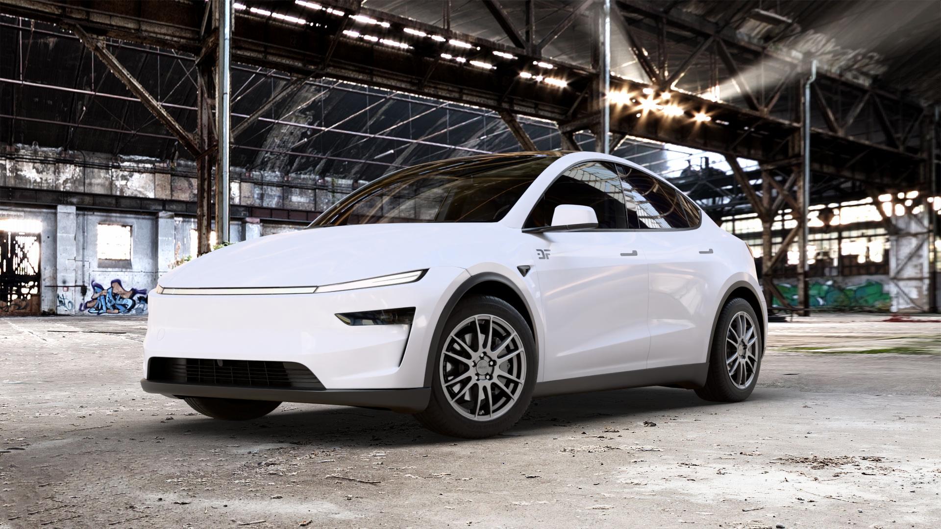 ALUTEC Monstr carbon-grey Felge mit Reifen grau in 18Zoll Winterfelge Alufelge auf weissem Tesla Model Y Typ 003 Facelift 003/005 ⬇️ mit 15mm Tieferlegung ⬇️ Old Industrial Hall_max_5300mm_2024 Frontansicht_1