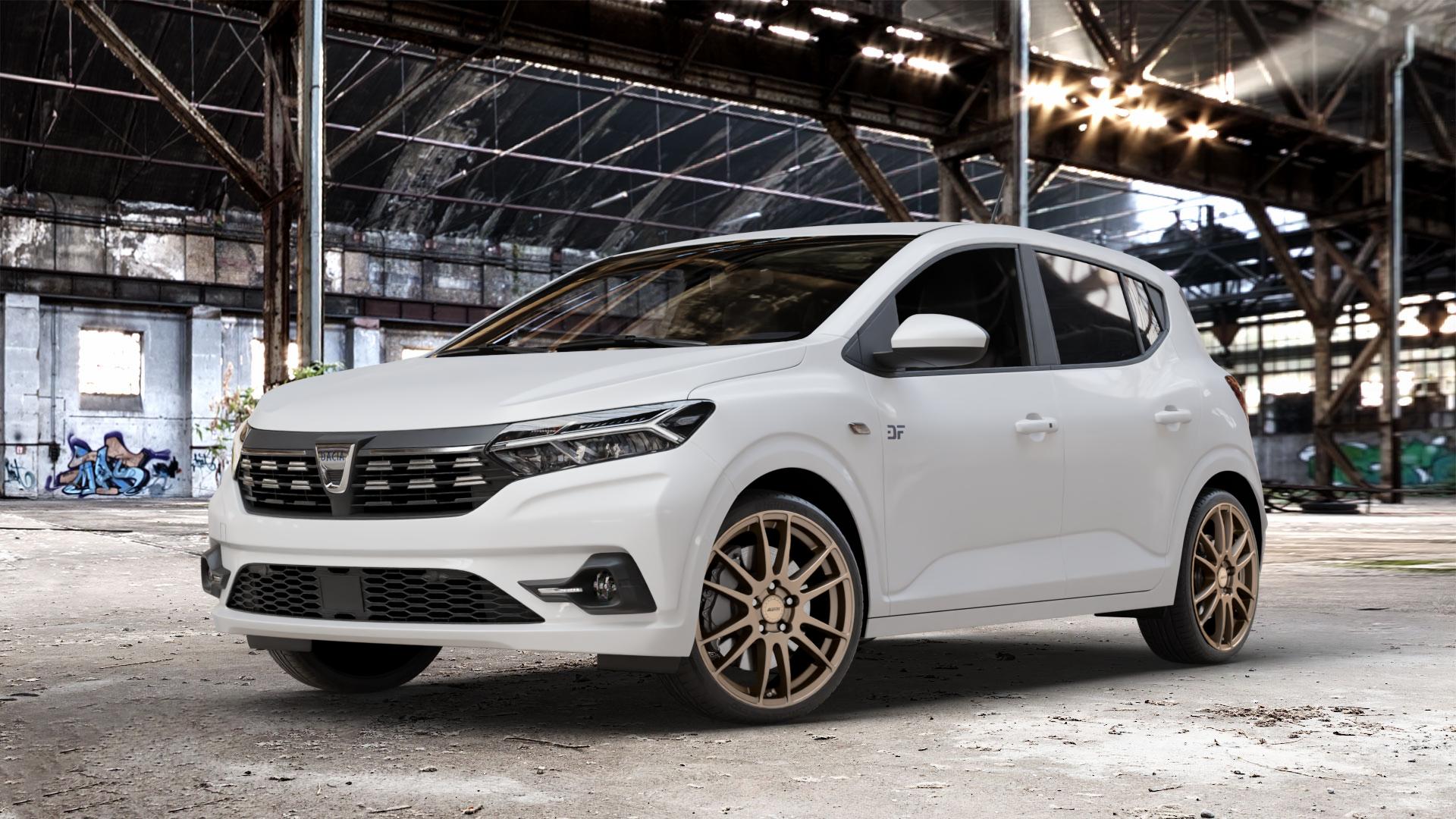 ALUTEC Monstr metallic-bronze Felge mit Reifen in 18Zoll Winterfelge Alufelge auf weissem Dacia Sandero III Typ DJF ⬇️ mit 15mm Tieferlegung ⬇️ Old Industrial Hall_max_4400mm_2024 Frontansicht_1