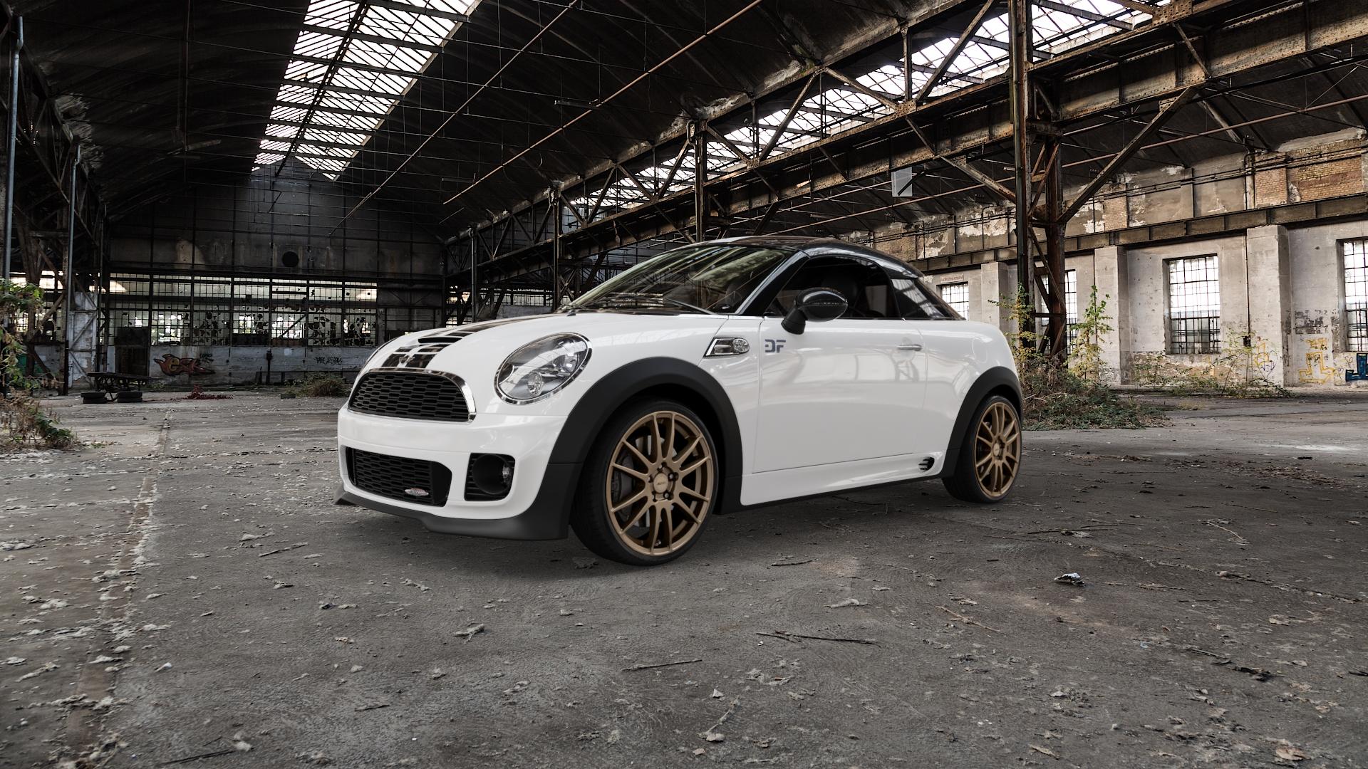 ALUTEC Monstr metallic-bronze Felge mit Reifen in 18Zoll Winterfelge Alufelge auf weissem Mini R58 Typ UKL-C (Coupe) 1,6l Cooper 90kW (122 PS) S 135kW (184 2,0l SD 105kW (143 JCW 155kW (211 ⬇️ mit 15mm Tieferlegung ⬇️ Old Industrial Hall_max5000mm_2022 Frontansicht_1