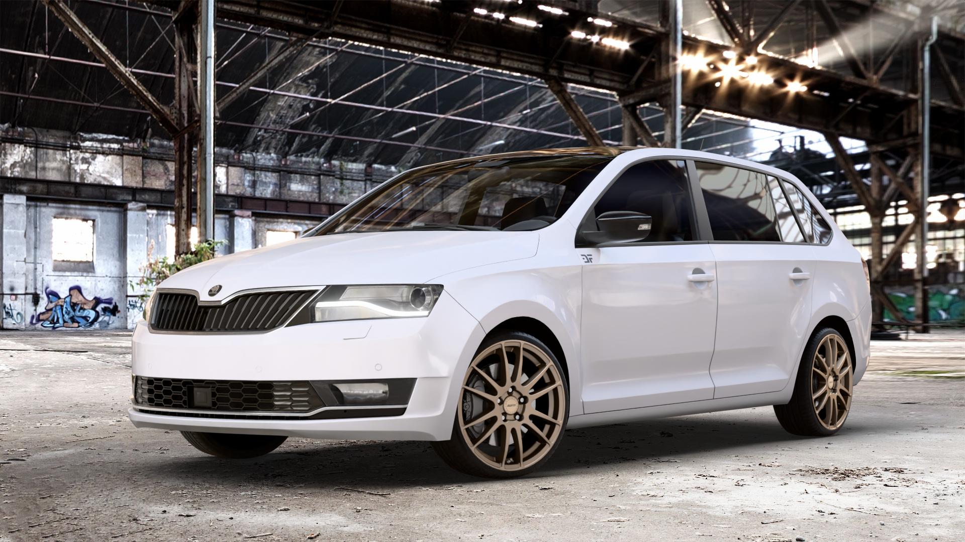 ALUTEC Monstr metallic-bronze Felge mit Reifen in 18Zoll Winterfelge Alufelge auf weissem Skoda Rapid Spaceback Typ NH Facelift ⬇️ mit 15mm Tieferlegung ⬇️ Old Industrial Hall_max_4400mm_2024 Frontansicht_1