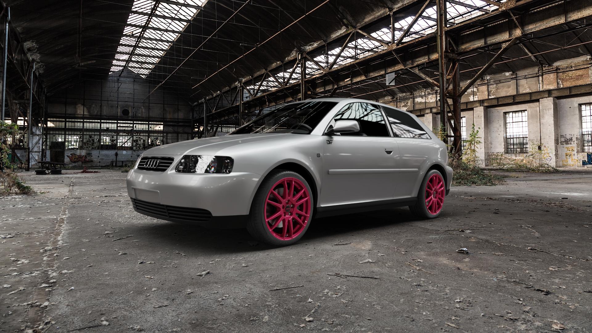 ALUTEC Monstr metallic-pink Felge mit Reifen in 18Zoll Winterfelge Alufelge auf silbernem Audi A3 Typ 8L ⬇️ mit 15mm Tieferlegung ⬇️ Old Industrial Hall_max5000mm_2022 Frontansicht_1