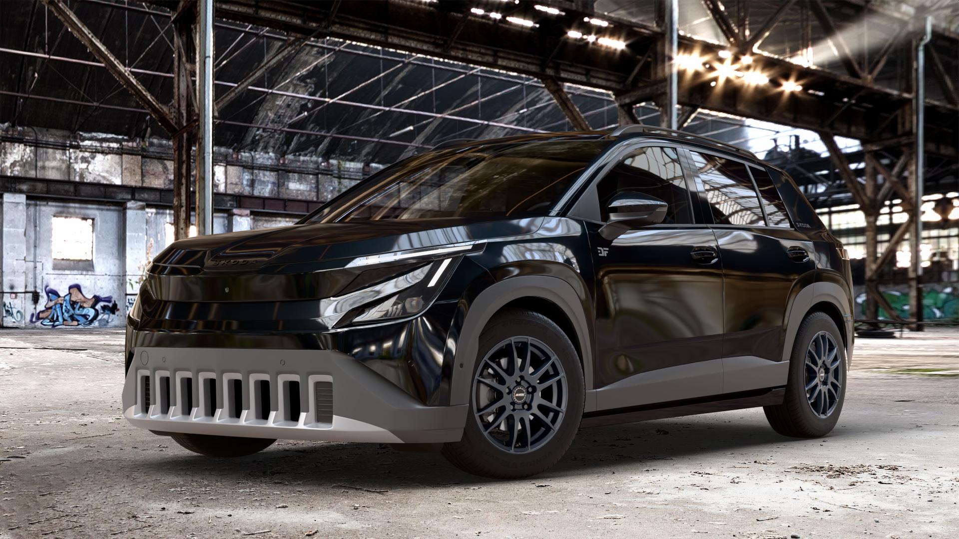 ALUTEC Monstr racing-schwarz Felge mit Reifen in 16Zoll Winterfelge Alufelge auf metallic schwarzem Skoda Epiq Typ PX ⬇️ mit 15mm Tieferlegung ⬇️ Old Industrial Hall_max_4400mm_2024 Frontansicht_1