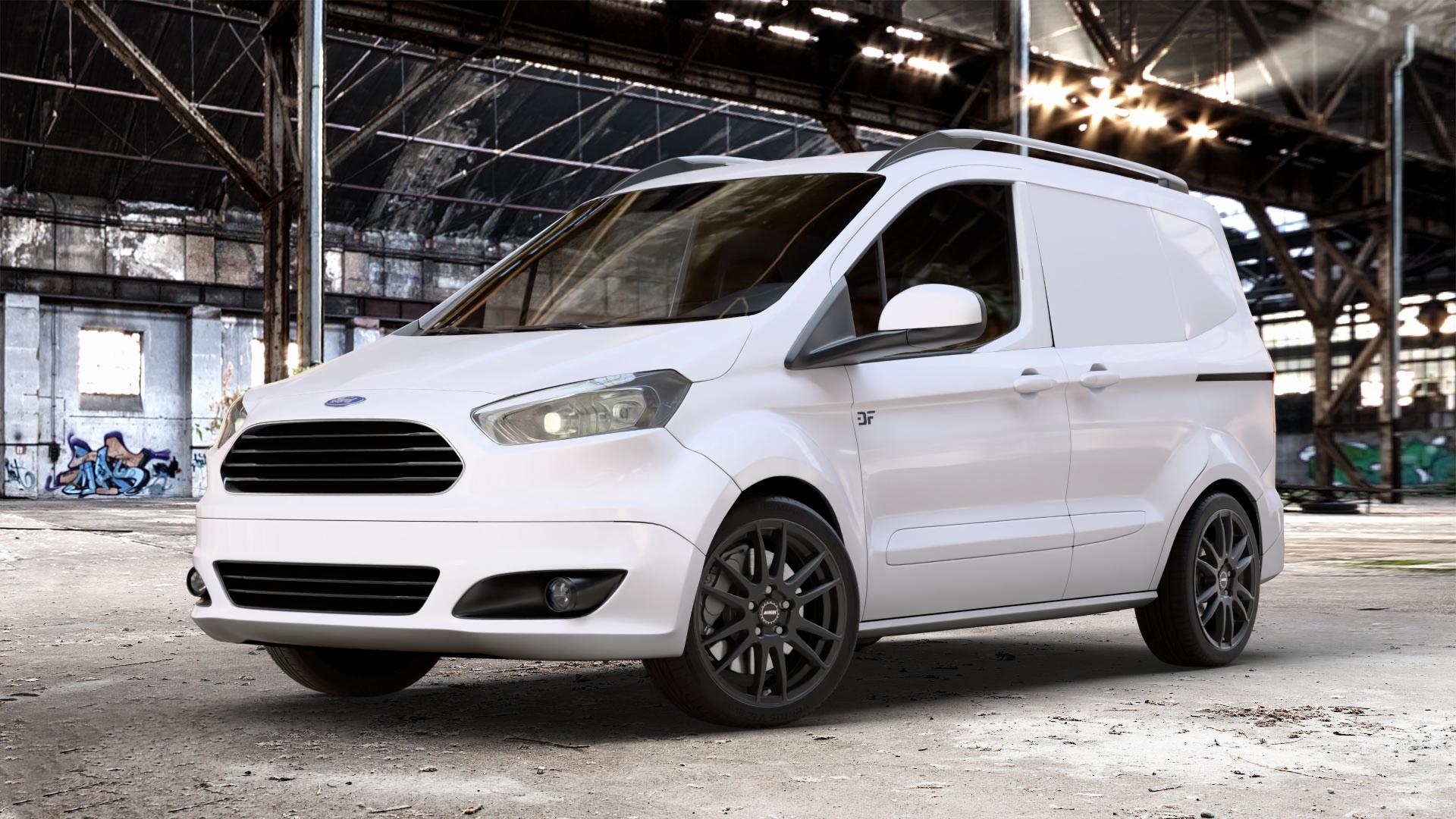 ALUTEC Monstr racing-schwarz Felge mit Reifen in 17Zoll Winterfelge Alufelge auf weissem Ford Transit Courier Typ JN8 (14->) JU2 ⬇️ mit 15mm Tieferlegung ⬇️ Old Industrial Hall_max_4400mm_2024 Frontansicht_1
