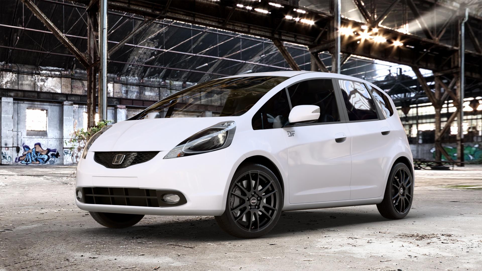 ALUTEC Monstr racing-schwarz Felge mit Reifen in 17Zoll Winterfelge Alufelge auf weissem Honda Jazz III (GG, GE) 1,2l i-VTEC 66kW GG5 (90 PS) 1,4l 73kW GG6 (99 GG3 GE6 GG1 GG2 IMA Hybrid 65kW GP1 (88 ⬇️ mit 15mm Tieferlegung ⬇️ Old Industrial Hall_max_4400mm_2024 Frontansicht_1