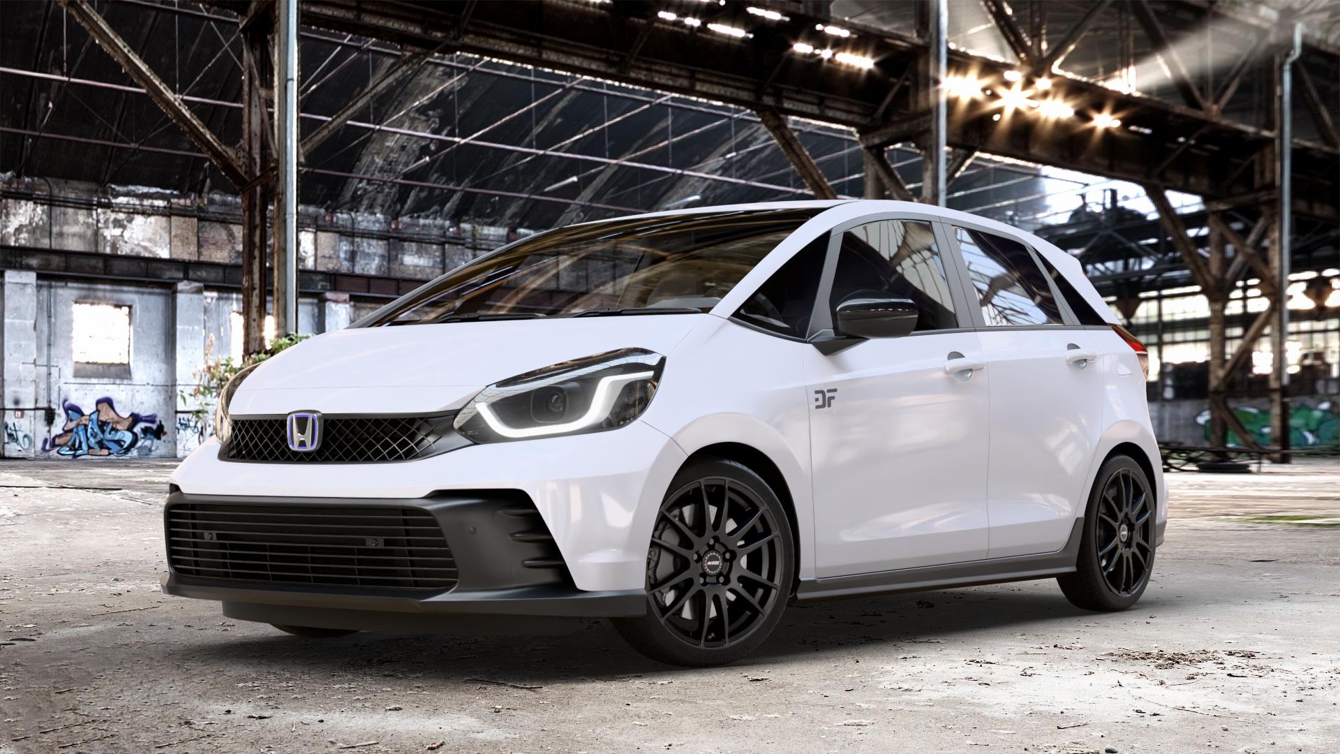 ALUTEC Monstr racing-schwarz Felge mit Reifen in 17Zoll Winterfelge Alufelge auf weissem Honda Jazz V (GR) Facelift 1,5l e:HEV 79kW Mild-Hybrid (107 PS) ⬇️ mit 15mm Tieferlegung ⬇️ Old Industrial Hall_max_4400mm_2024 Frontansicht_1