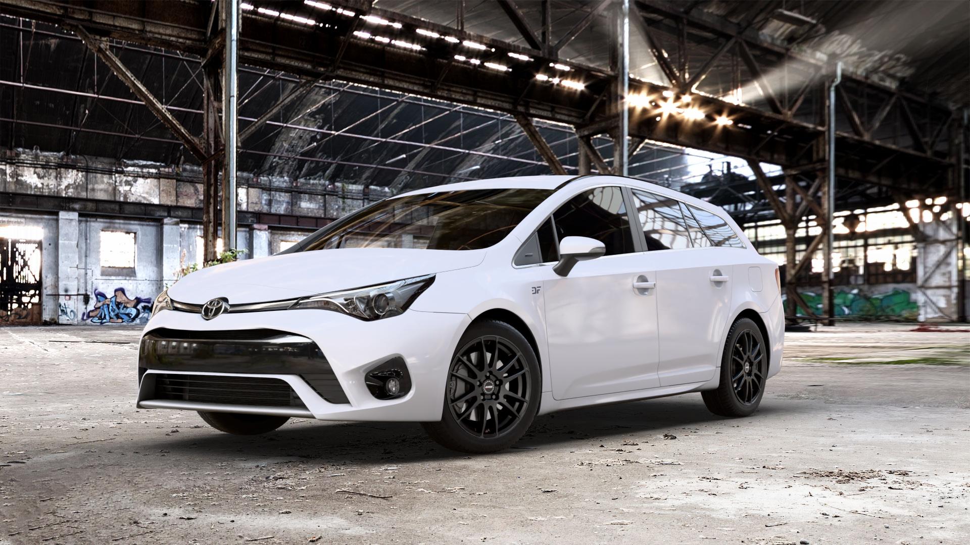 ALUTEC Monstr racing-schwarz Felge mit Reifen in 17Zoll Winterfelge Alufelge auf weissem Toyota Avensis Combi Typ T27 Facelift 15-> ⬇️ mit 15mm Tieferlegung ⬇️ Old Industrial Hall_max_5300mm_2024 Frontansicht_1