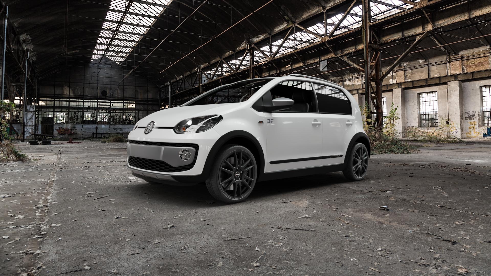 ALUTEC Monstr racing-schwarz Felge mit Reifen in 17Zoll Winterfelge Alufelge auf weissem Volkswagen (VW) UP Cross ⬇️ mit 15mm Tieferlegung ⬇️ Old Industrial Hall_max5000mm_2022 Frontansicht_1