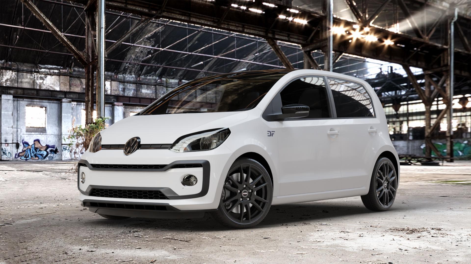 ALUTEC Monstr racing-schwarz Felge mit Reifen in 17Zoll Winterfelge Alufelge auf weissem Volkswagen (VW) UP Facelift ⬇️ mit 15mm Tieferlegung ⬇️ Old Industrial Hall_max_4400mm_2024 Frontansicht_1