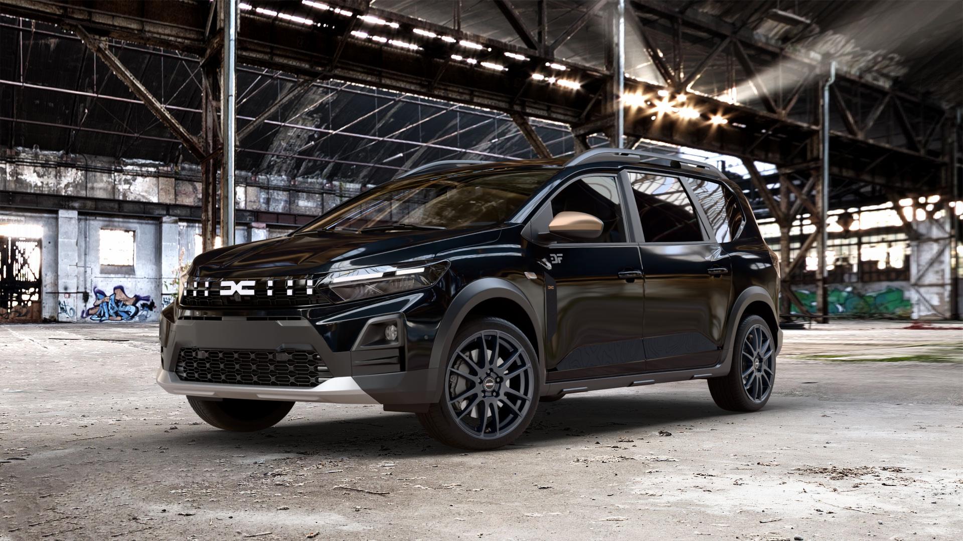 ALUTEC Monstr racing-schwarz Felge mit Reifen in 18Zoll Winterfelge Alufelge auf schwarzem Dacia Jogger Typ DJF Facelift ⬇️ mit 15mm Tieferlegung ⬇️ Old Industrial Hall_max_5300mm_2024 Frontansicht_1
