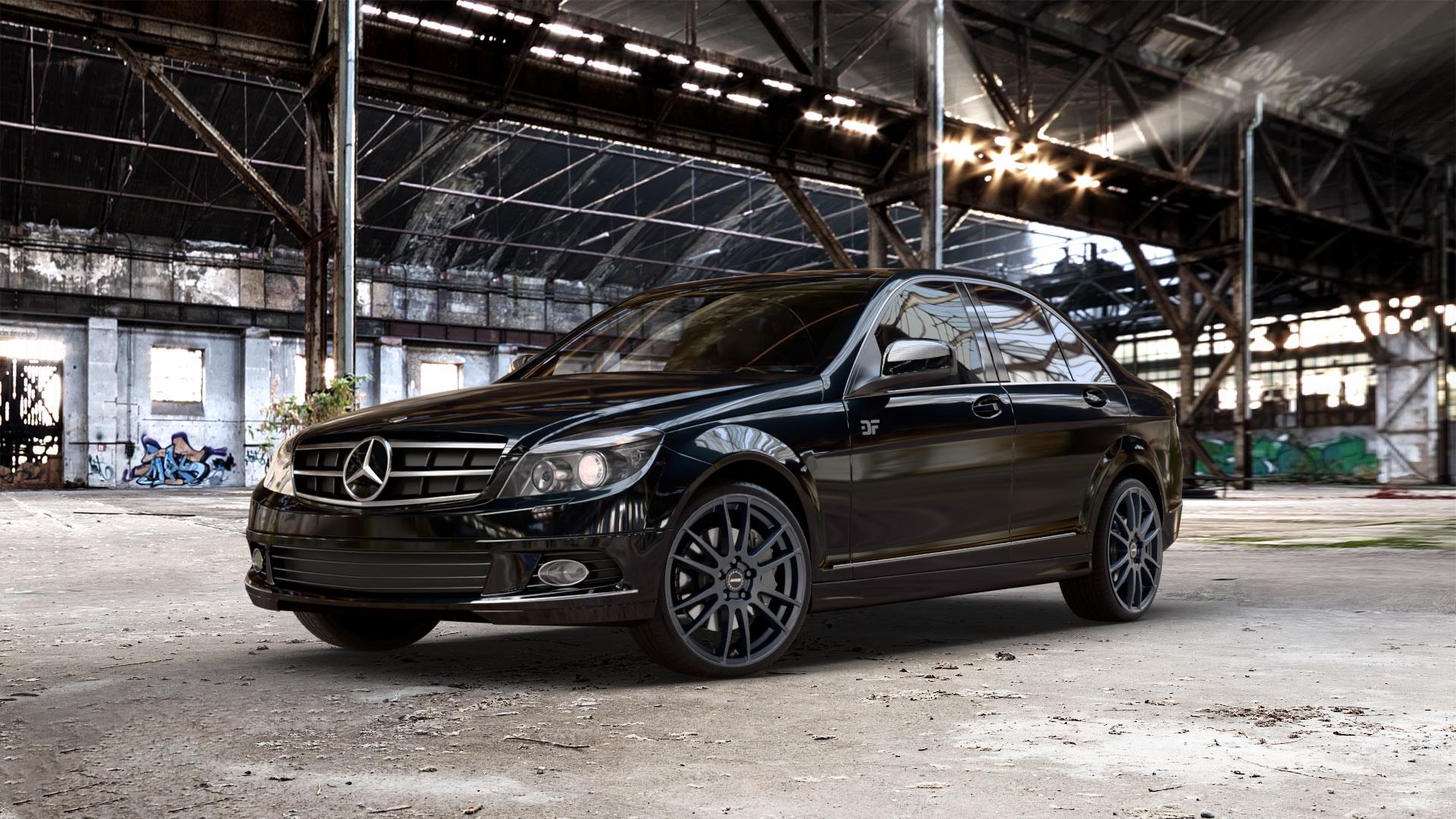 ALUTEC Monstr racing-schwarz Felge mit Reifen in 19Zoll Winterfelge Alufelge auf schwarzem metallic Mercedes C-Klasse Typ W204 Limousine ⬇️ mit 15mm Tieferlegung ⬇️ Old Industrial Hall_max_5300mm_2024 Frontansicht_1