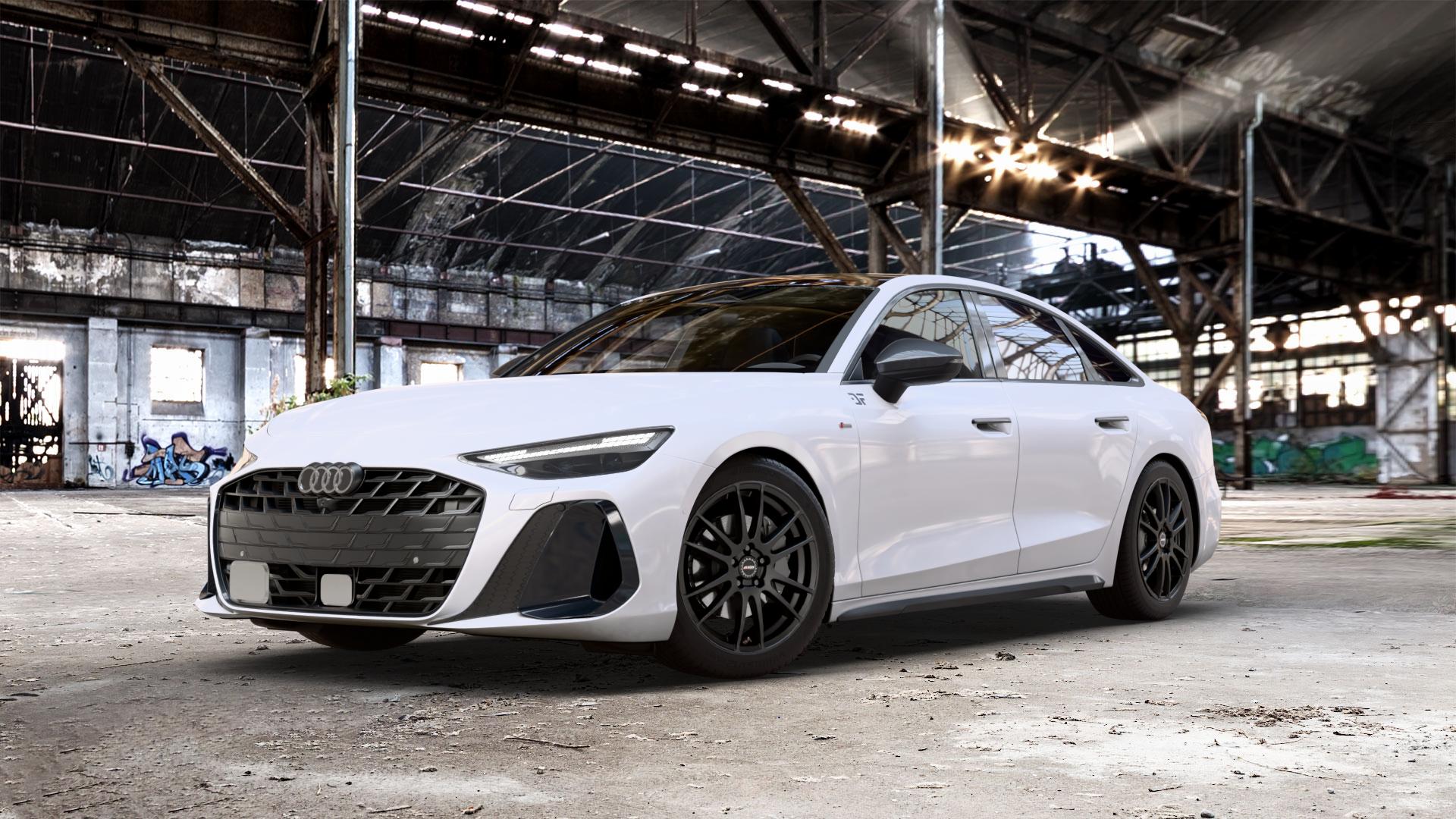 ALUTEC Monstr racing-schwarz Felge mit Reifen in 19Zoll Winterfelge Alufelge auf weissem Audi A6 Typ F2/C9 (Limousine) 2,0l TDI 150kW Mild-Hybrid (204 PS) 120kW (163 Quattro TFSI 195kW (265 TSI 3,0l 210kW (286 180kW (245 270kW (367 250kW (340 E 185kW ⬇️ mit 15mm Tieferlegung ⬇️ Old Industrial Hall_max_5300mm_2024 Frontansicht_1