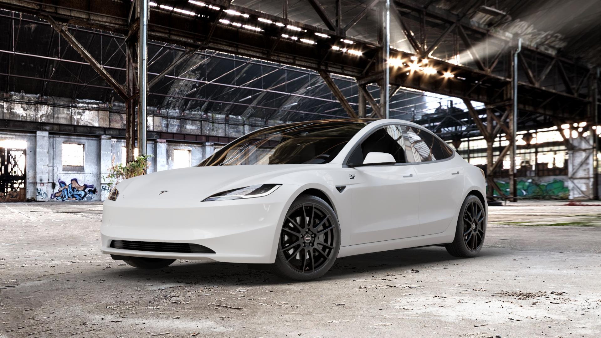 ALUTEC Monstr racing-schwarz Felge mit Reifen in 19Zoll Winterfelge Alufelge auf weissem Tesla Model 3 Typ 003 0,0l Long Range Dual Motor 153kW 4WD (208 PS) Performance 155kW (211 ⬇️ mit 15mm Tieferlegung ⬇️ Old Industrial Hall_max_5300mm_2024 Frontansicht_1